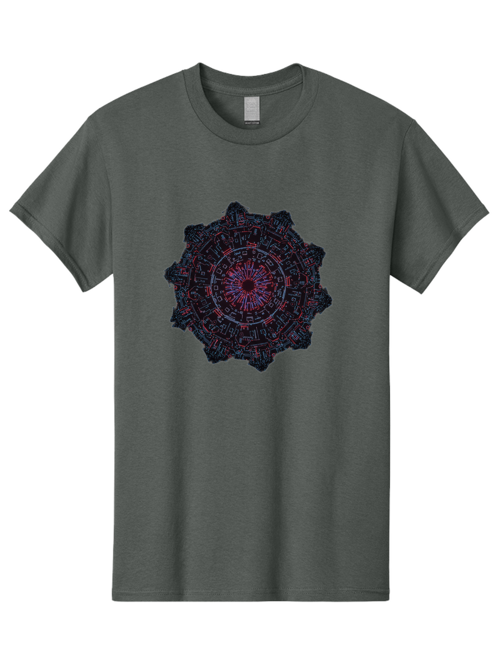 Circuit-Mandala Men'S Graphic Tee, 100% Cotton, Comfortable Casual Summer Wear, Machine Washable, Intricate Circuit Design, Futuristic Mandala, Electronic Art, Digital Pattern, Neon Lights, Abstract Technology, Cyberpunk, Sci-Fi Elements, Bac851