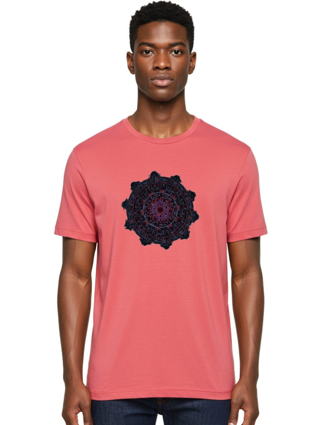 Circuit-Mandala Men'S Graphic Tee, 100% Cotton, Comfortable Casual Summer Wear, Machine Washable, Intricate Circuit Design, Futuristic Mandala, Electronic Art, Digital Pattern, Neon Lights, Abstract Technology, Cyberpunk, Sci-Fi Elements, Bac851