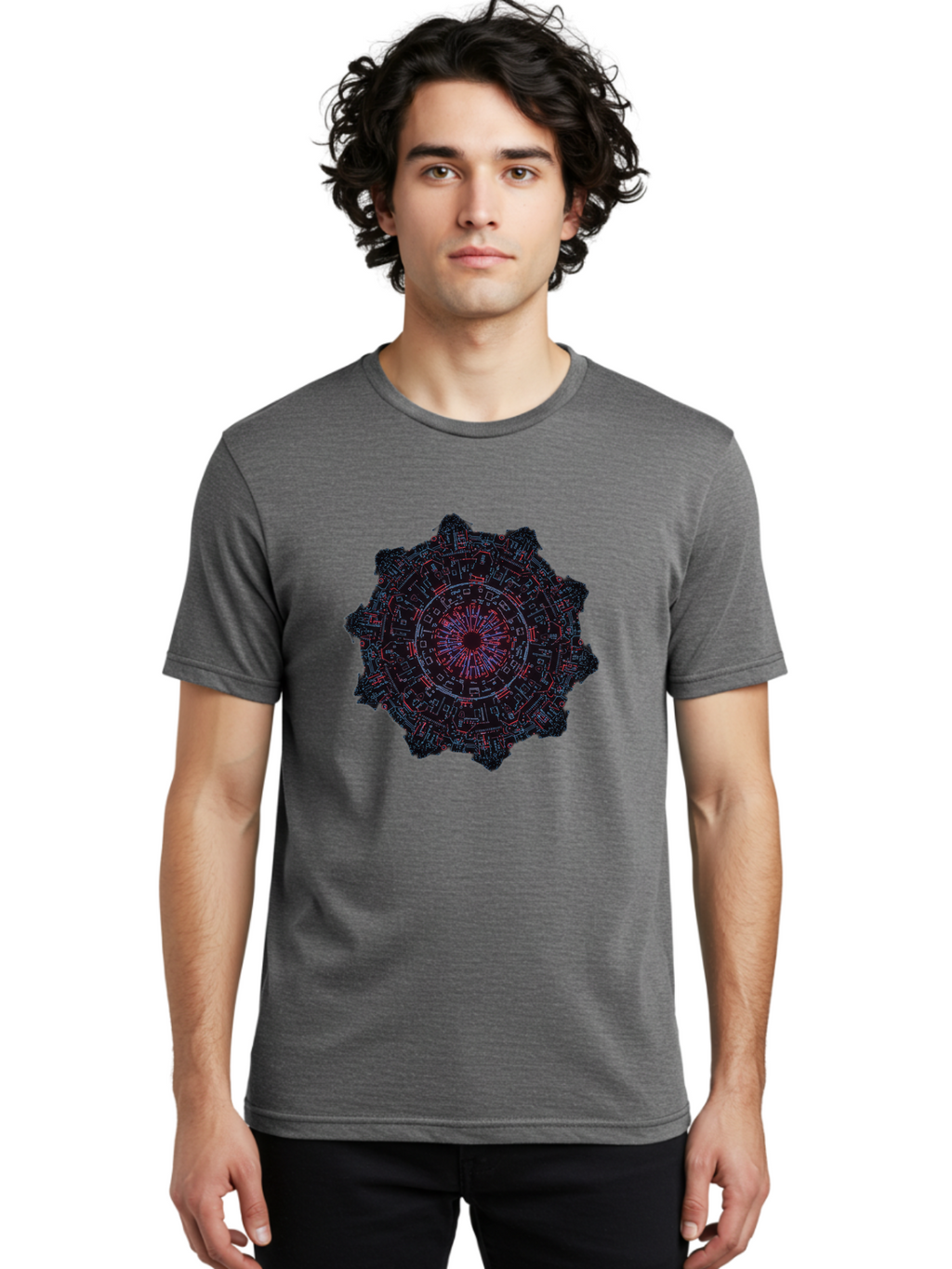 Circuit-Mandala Men'S Graphic Tee, 100% Cotton, Comfortable Casual Summer Wear, Machine Washable, Intricate Circuit Design, Futuristic Mandala, Electronic Art, Digital Pattern, Neon Lights, Abstract Technology, Cyberpunk, Sci-Fi Elements, Bac851