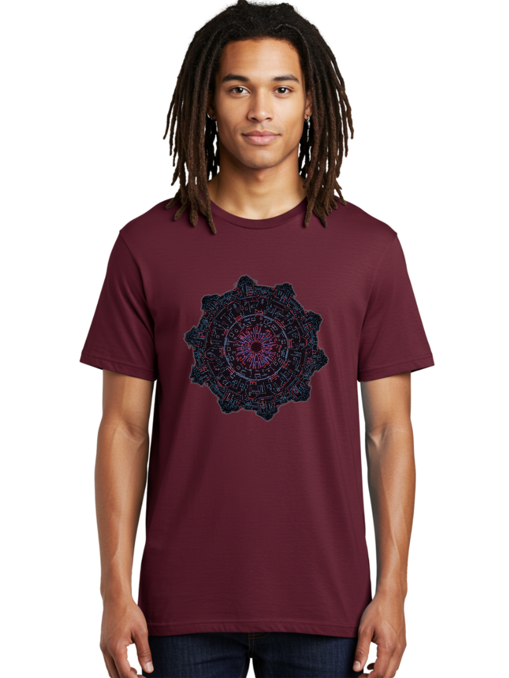 Circuit-Mandala Men'S Graphic Tee, 100% Cotton, Comfortable Casual Summer Wear, Machine Washable, Intricate Circuit Design, Futuristic Mandala, Electronic Art, Digital Pattern, Neon Lights, Abstract Technology, Cyberpunk, Sci-Fi Elements, Bac851