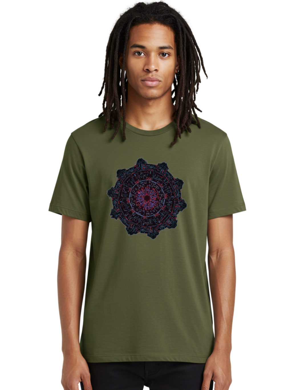 Circuit-Mandala Men'S Graphic Tee, 100% Cotton, Comfortable Casual Summer Wear, Machine Washable, Intricate Circuit Design, Futuristic Mandala, Electronic Art, Digital Pattern, Neon Lights, Abstract Technology, Cyberpunk, Sci-Fi Elements, Bac851