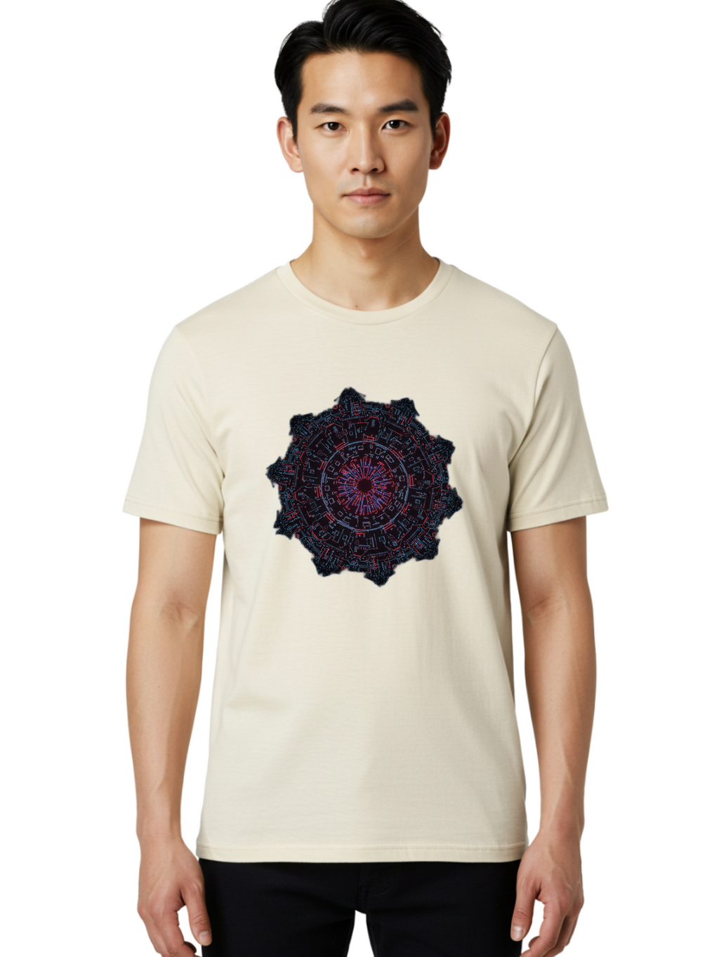 Circuit-Mandala Men'S Graphic Tee, 100% Cotton, Comfortable Casual Summer Wear, Machine Washable, Intricate Circuit Design, Futuristic Mandala, Electronic Art, Digital Pattern, Neon Lights, Abstract Technology, Cyberpunk, Sci-Fi Elements, Bac851