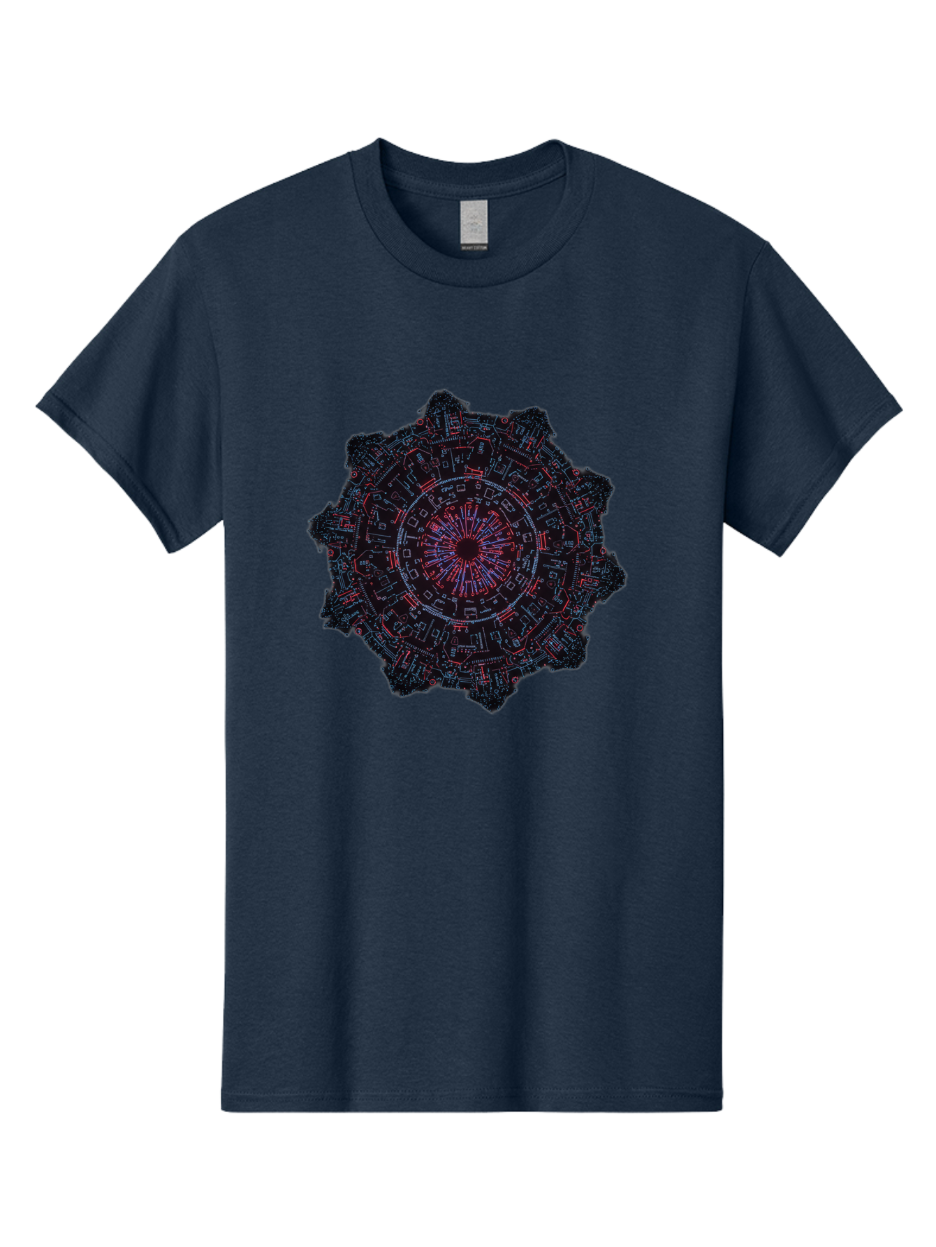 Circuit-Mandala Men'S Graphic Tee, 100% Cotton, Comfortable Casual Summer Wear, Machine Washable, Intricate Circuit Design, Futuristic Mandala, Electronic Art, Digital Pattern, Neon Lights, Abstract Technology, Cyberpunk, Sci-Fi Elements, Bac851