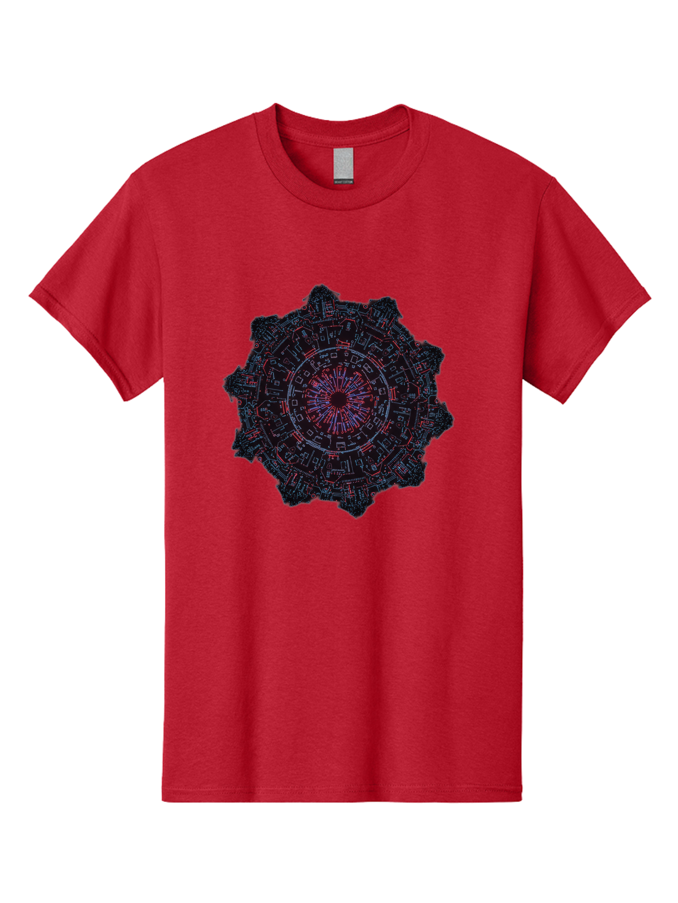 Circuit-Mandala Men'S Graphic Tee, 100% Cotton, Comfortable Casual Summer Wear, Machine Washable, Intricate Circuit Design, Futuristic Mandala, Electronic Art, Digital Pattern, Neon Lights, Abstract Technology, Cyberpunk, Sci-Fi Elements, Bac851