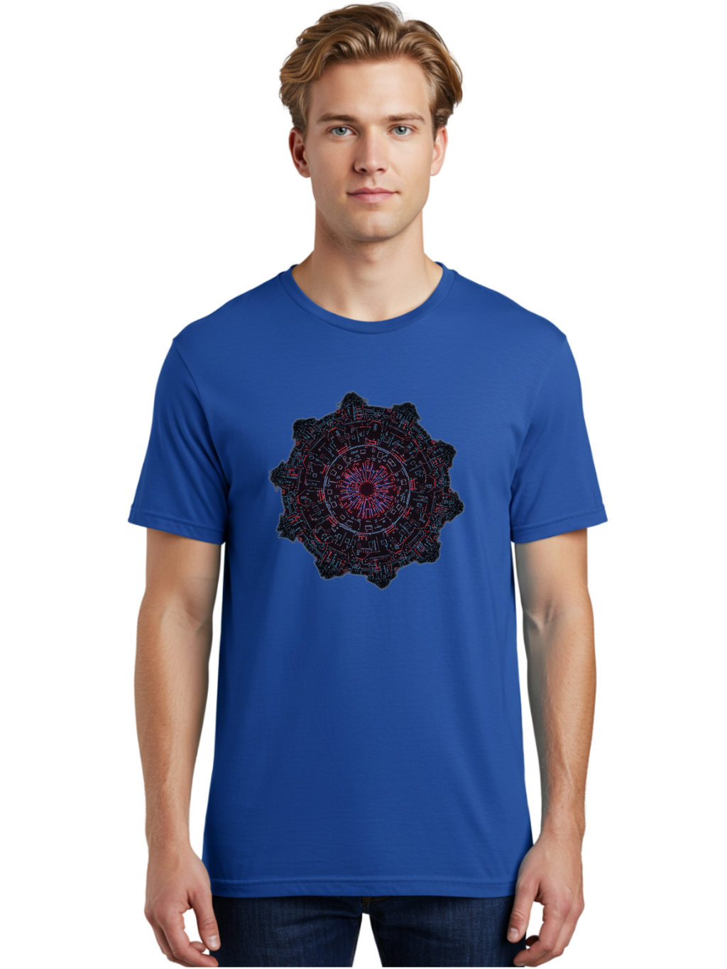 Circuit-Mandala Men'S Graphic Tee, 100% Cotton, Comfortable Casual Summer Wear, Machine Washable, Intricate Circuit Design, Futuristic Mandala, Electronic Art, Digital Pattern, Neon Lights, Abstract Technology, Cyberpunk, Sci-Fi Elements, Bac851