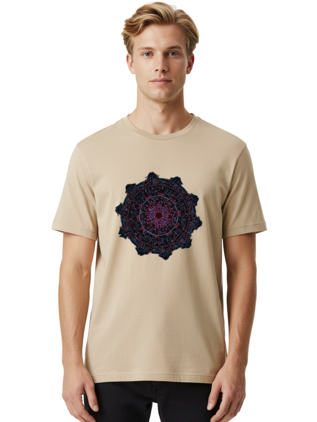 Circuit-Mandala Men'S Graphic Tee, 100% Cotton, Comfortable Casual Summer Wear, Machine Washable, Intricate Circuit Design, Futuristic Mandala, Electronic Art, Digital Pattern, Neon Lights, Abstract Technology, Cyberpunk, Sci-Fi Elements, Bac851