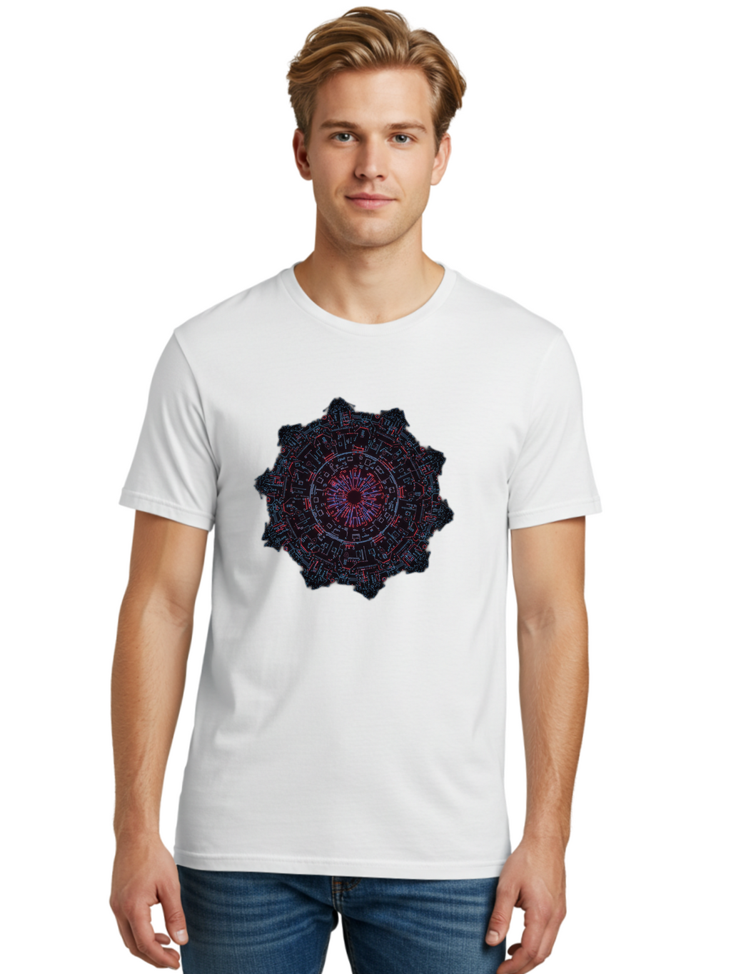 Circuit-Mandala Men'S Graphic Tee, 100% Cotton, Comfortable Casual Summer Wear, Machine Washable, Intricate Circuit Design, Futuristic Mandala, Electronic Art, Digital Pattern, Neon Lights, Abstract Technology, Cyberpunk, Sci-Fi Elements, Bac851