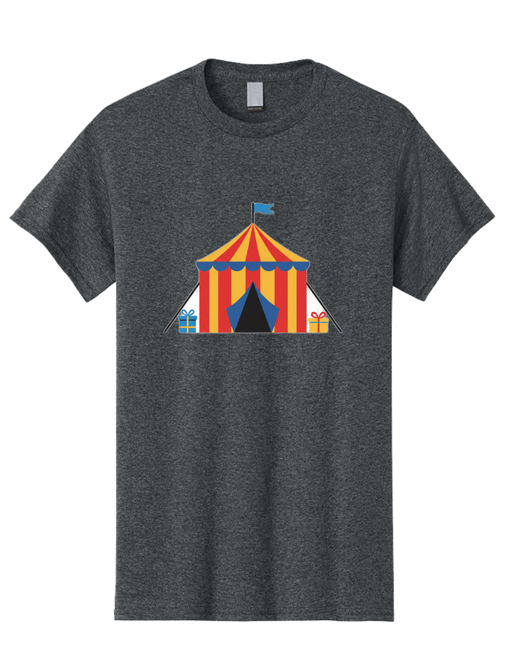 Circus-Tent-1 Men'S Graphic Tee, 100% Cotton, Comfortable Casual Summer Wear, Machine Washable, Circus Tent, Red And Yellow Stripes, Blue Flag, Blue Awning, Gift Boxes, Carnival Atmosphere, Festive Decorations, Colorful Illustration, Bac852