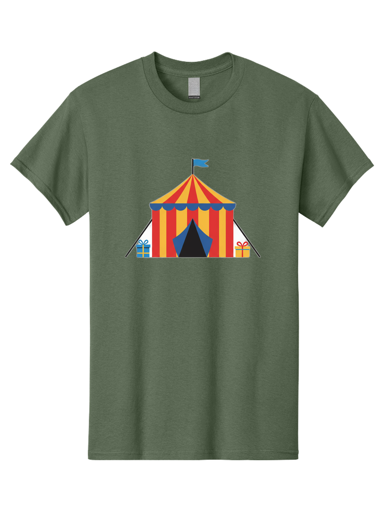 Circus-Tent-1 Men'S Graphic Tee, 100% Cotton, Comfortable Casual Summer Wear, Machine Washable, Circus Tent, Red And Yellow Stripes, Blue Flag, Blue Awning, Gift Boxes, Carnival Atmosphere, Festive Decorations, Colorful Illustration, Bac852