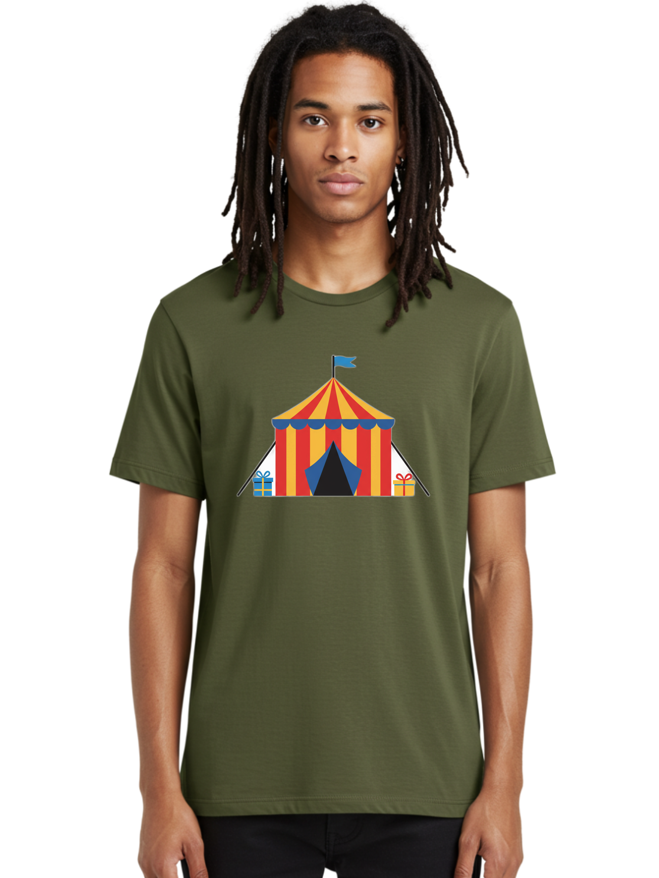 Circus-Tent-1 Men'S Graphic Tee, 100% Cotton, Comfortable Casual Summer Wear, Machine Washable, Circus Tent, Red And Yellow Stripes, Blue Flag, Blue Awning, Gift Boxes, Carnival Atmosphere, Festive Decorations, Colorful Illustration, Bac852