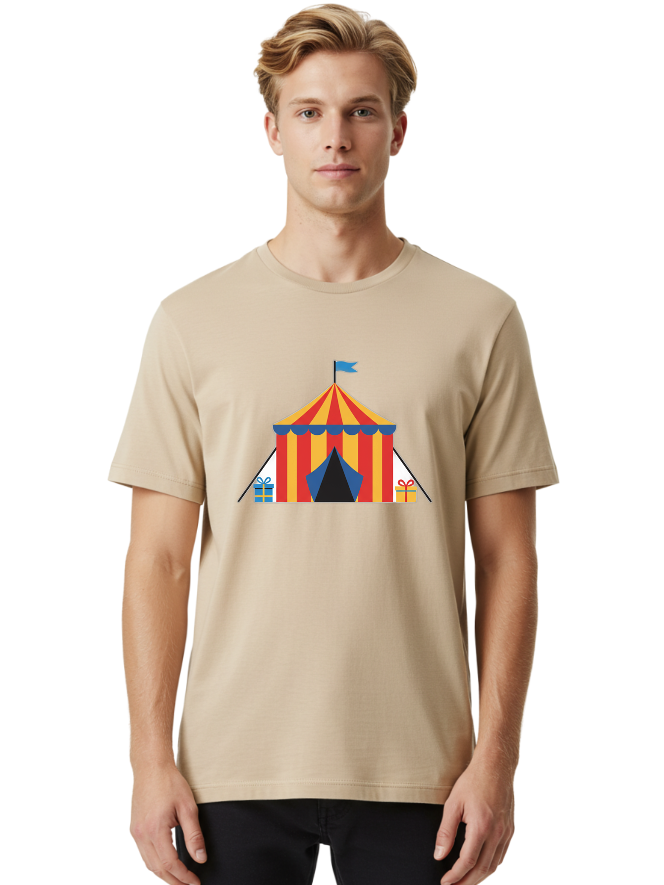 Circus-Tent-1 Men'S Graphic Tee, 100% Cotton, Comfortable Casual Summer Wear, Machine Washable, Circus Tent, Red And Yellow Stripes, Blue Flag, Blue Awning, Gift Boxes, Carnival Atmosphere, Festive Decorations, Colorful Illustration, Bac852