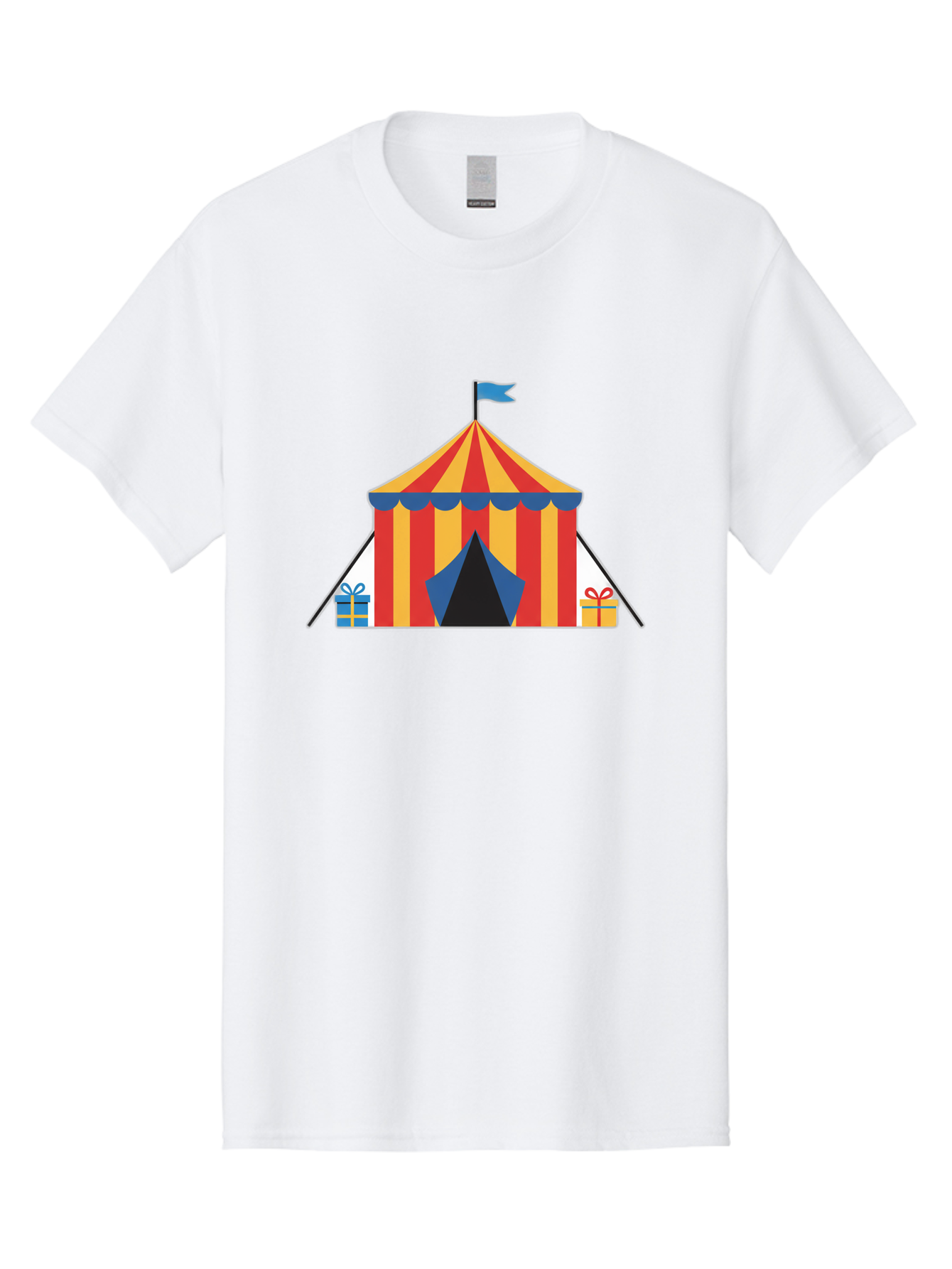 Circus-Tent-1 Men'S Graphic Tee, 100% Cotton, Comfortable Casual Summer Wear, Machine Washable, Circus Tent, Red And Yellow Stripes, Blue Flag, Blue Awning, Gift Boxes, Carnival Atmosphere, Festive Decorations, Colorful Illustration, Bac852