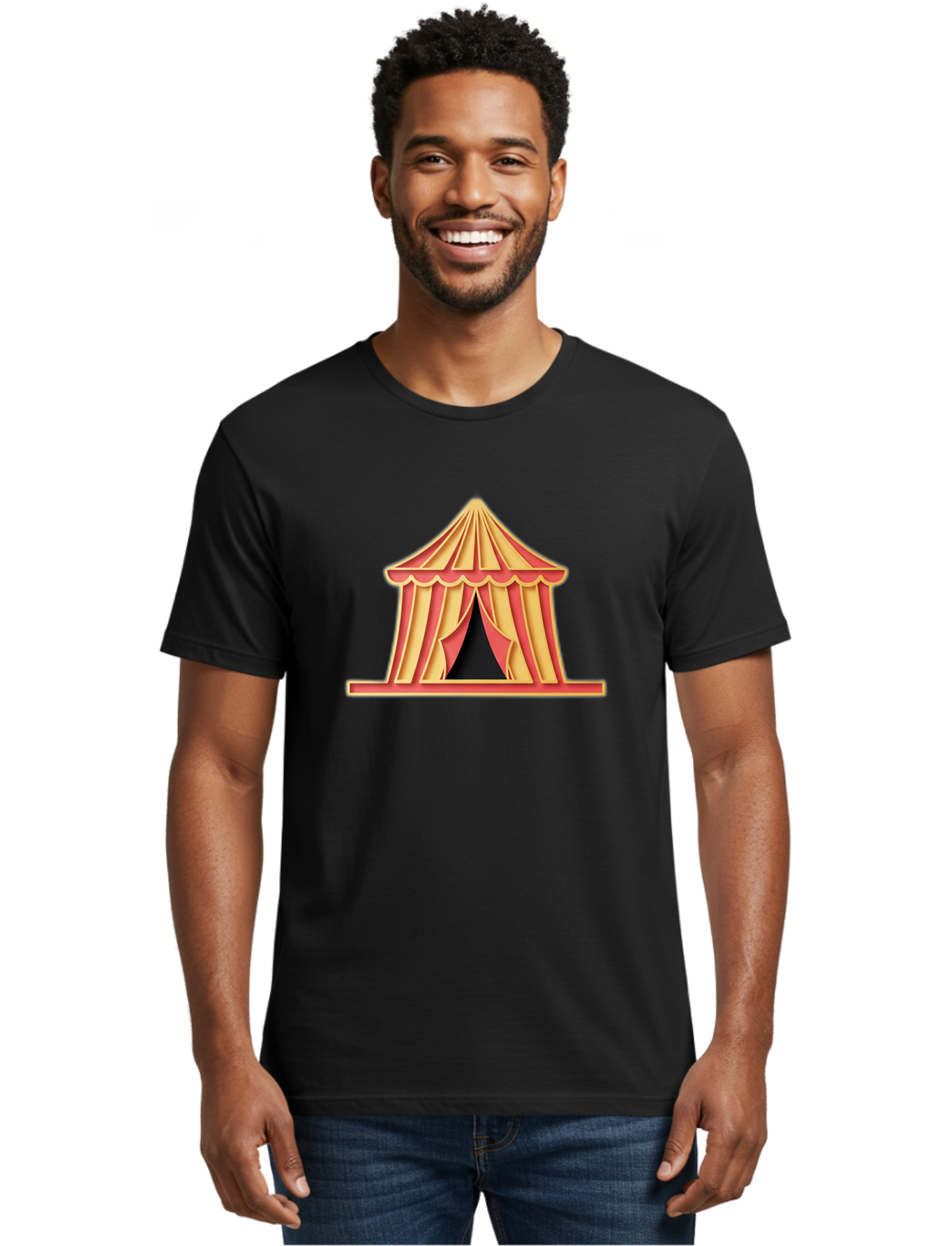 Circus-Tent-2 Men'S Graphic Tee, 100% Cotton, Comfortable Casual Summer Wear, Machine Washable, Yellow And Red Striped Tent, Vintage Circus, Carnival Theme, Red And Yellow Colors, Striped Pattern, Entertainment Venue, Amusement Park Bac853