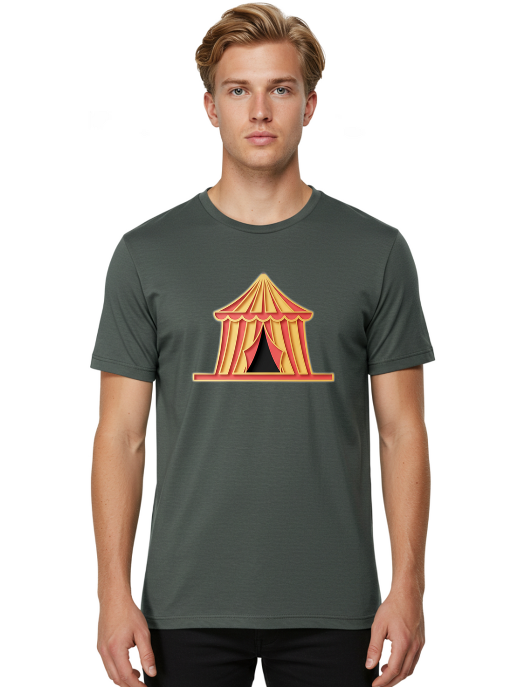 Circus-Tent-2 Men'S Graphic Tee, 100% Cotton, Comfortable Casual Summer Wear, Machine Washable, Yellow And Red Striped Tent, Vintage Circus, Carnival Theme, Red And Yellow Colors, Striped Pattern, Entertainment Venue, Amusement Park Bac853