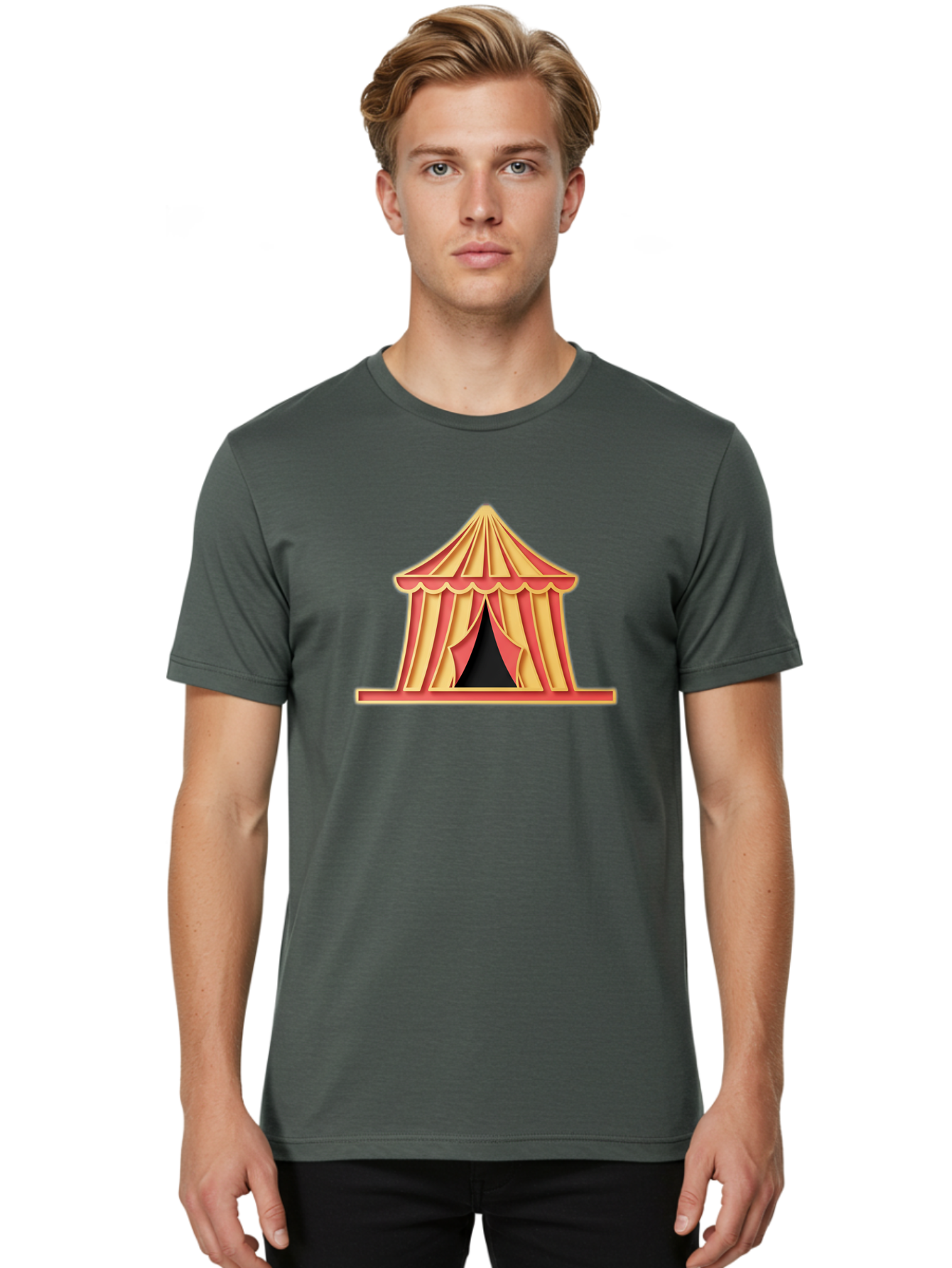 Circus-Tent-2 Men'S Graphic Tee, 100% Cotton, Comfortable Casual Summer Wear, Machine Washable, Yellow And Red Striped Tent, Vintage Circus, Carnival Theme, Red And Yellow Colors, Striped Pattern, Entertainment Venue, Amusement Park Bac853