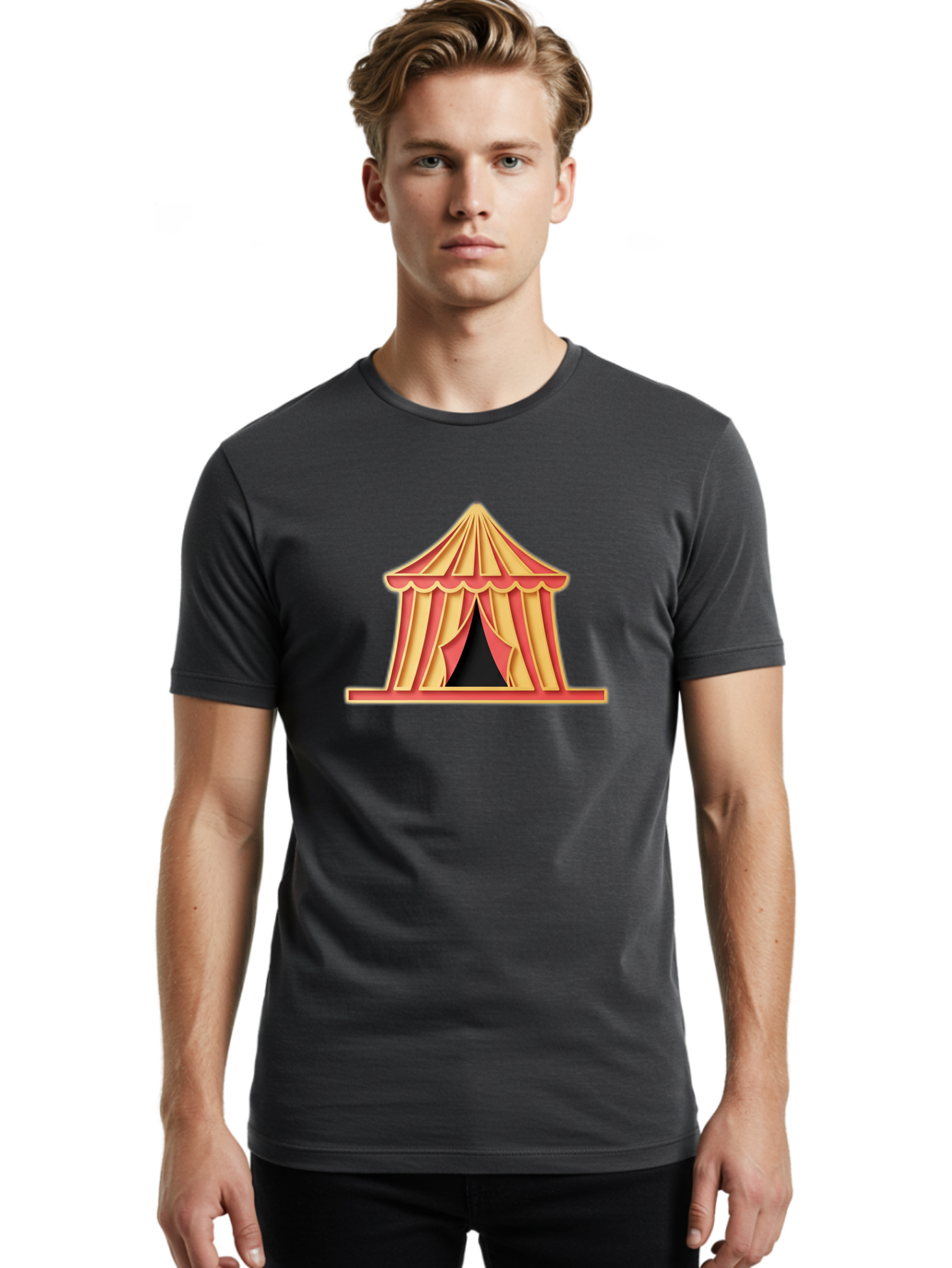 Circus-Tent-2 Men'S Graphic Tee, 100% Cotton, Comfortable Casual Summer Wear, Machine Washable, Yellow And Red Striped Tent, Vintage Circus, Carnival Theme, Red And Yellow Colors, Striped Pattern, Entertainment Venue, Amusement Park Bac853