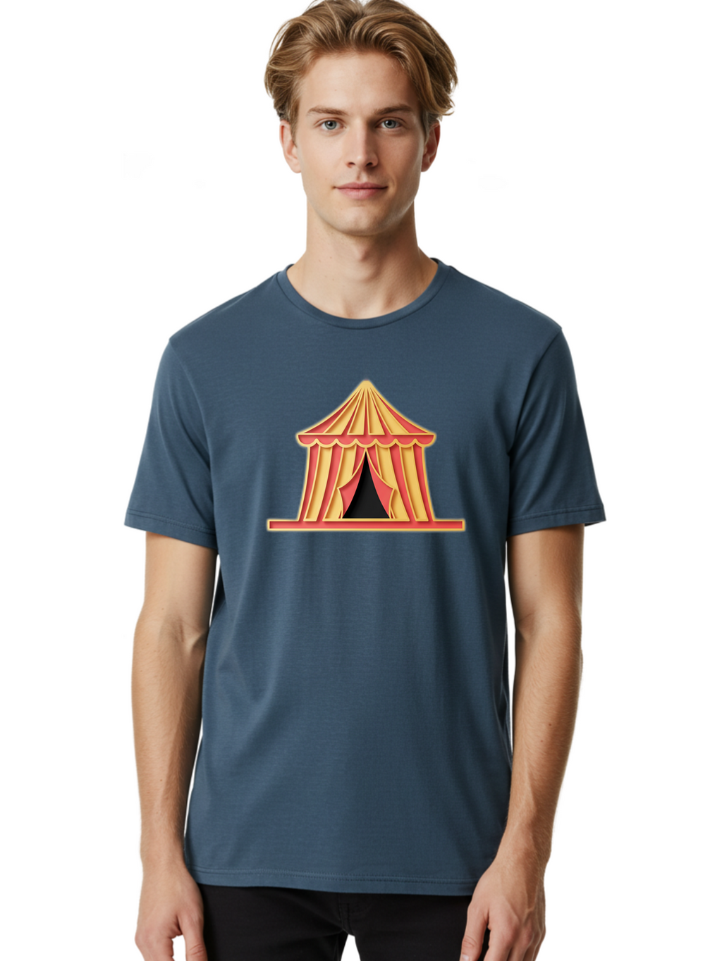 Circus-Tent-2 Men'S Graphic Tee, 100% Cotton, Comfortable Casual Summer Wear, Machine Washable, Yellow And Red Striped Tent, Vintage Circus, Carnival Theme, Red And Yellow Colors, Striped Pattern, Entertainment Venue, Amusement Park Bac853