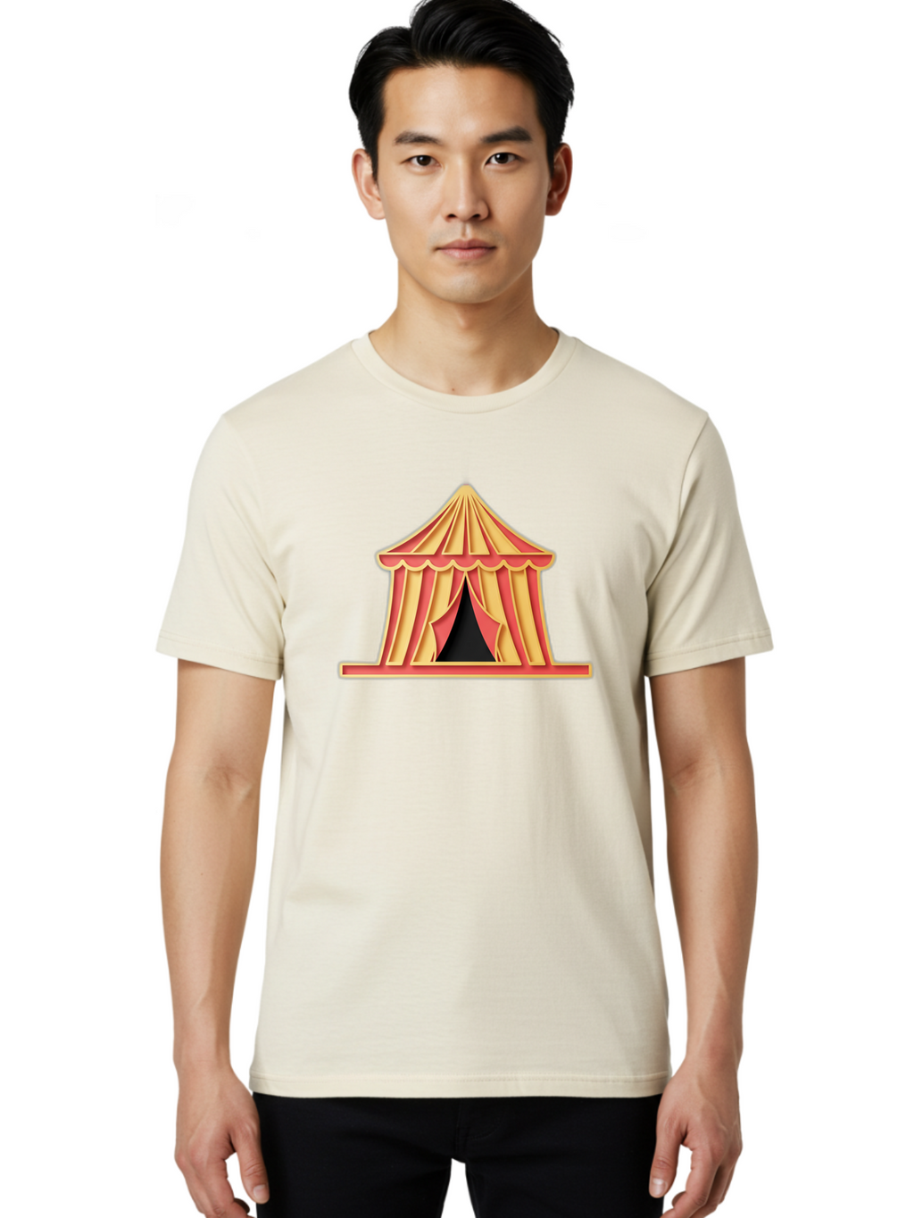 Circus-Tent-2 Men'S Graphic Tee, 100% Cotton, Comfortable Casual Summer Wear, Machine Washable, Yellow And Red Striped Tent, Vintage Circus, Carnival Theme, Red And Yellow Colors, Striped Pattern, Entertainment Venue, Amusement Park Bac853