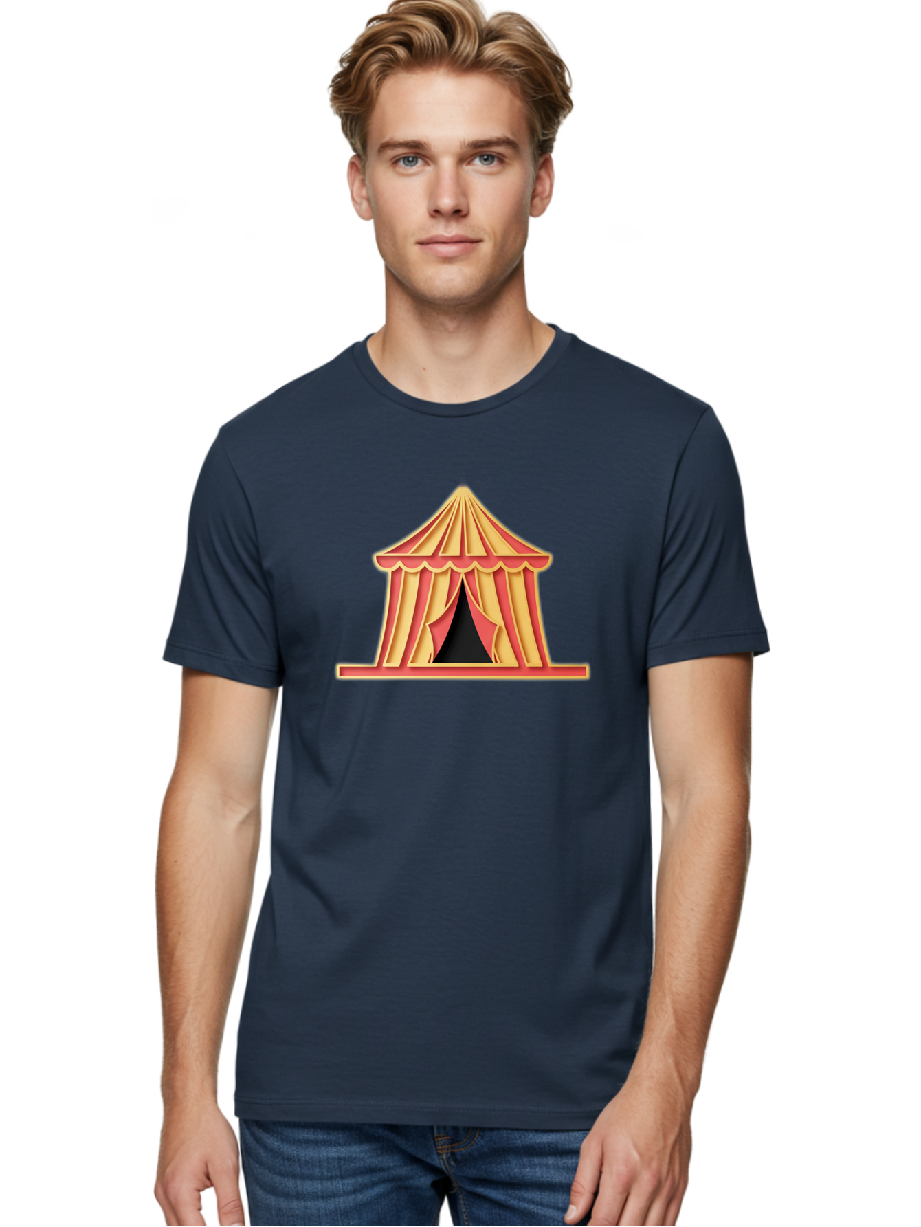 Circus-Tent-2 Men'S Graphic Tee, 100% Cotton, Comfortable Casual Summer Wear, Machine Washable, Yellow And Red Striped Tent, Vintage Circus, Carnival Theme, Red And Yellow Colors, Striped Pattern, Entertainment Venue, Amusement Park Bac853