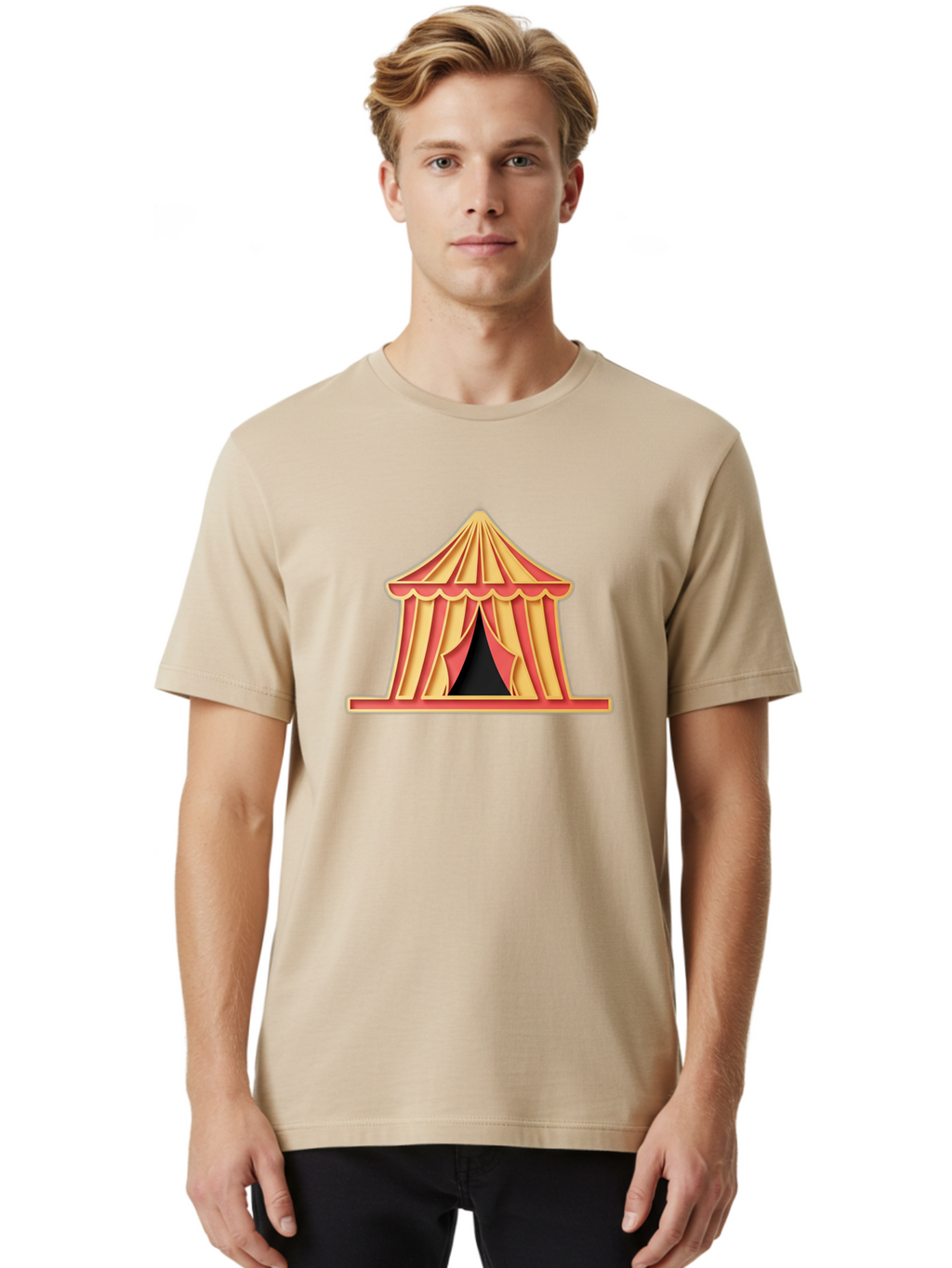 Circus-Tent-2 Men'S Graphic Tee, 100% Cotton, Comfortable Casual Summer Wear, Machine Washable, Yellow And Red Striped Tent, Vintage Circus, Carnival Theme, Red And Yellow Colors, Striped Pattern, Entertainment Venue, Amusement Park Bac853