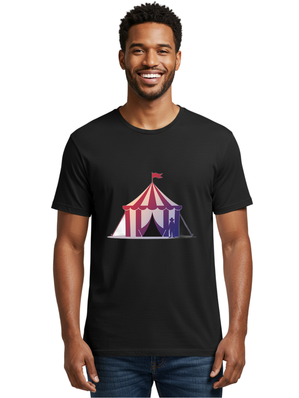 Circus-Tent-3 Men'S Graphic Tee, 100% Cotton, Comfortable Casual Summer Wear, Machine Washable, Striped Circus Tent, Red And White Stripes, Silhouetted Man, Vintage Top Hat, Retro Carnival, Festive Atmosphere, Tent Entrance Bac854