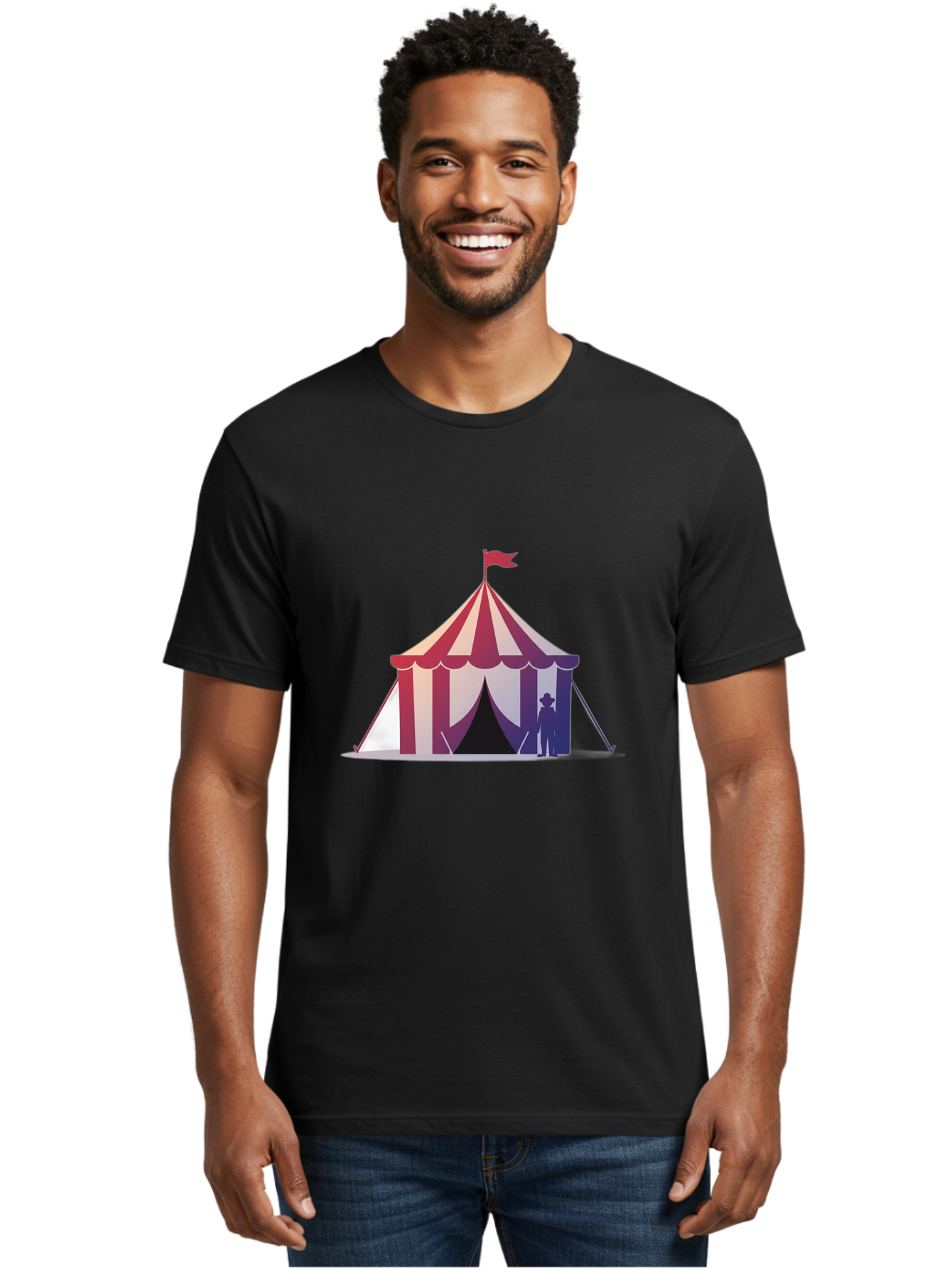 Circus-Tent-3 Men'S Graphic Tee, 100% Cotton, Comfortable Casual Summer Wear, Machine Washable, Striped Circus Tent, Red And White Stripes, Silhouetted Man, Vintage Top Hat, Retro Carnival, Festive Atmosphere, Tent Entrance Bac854