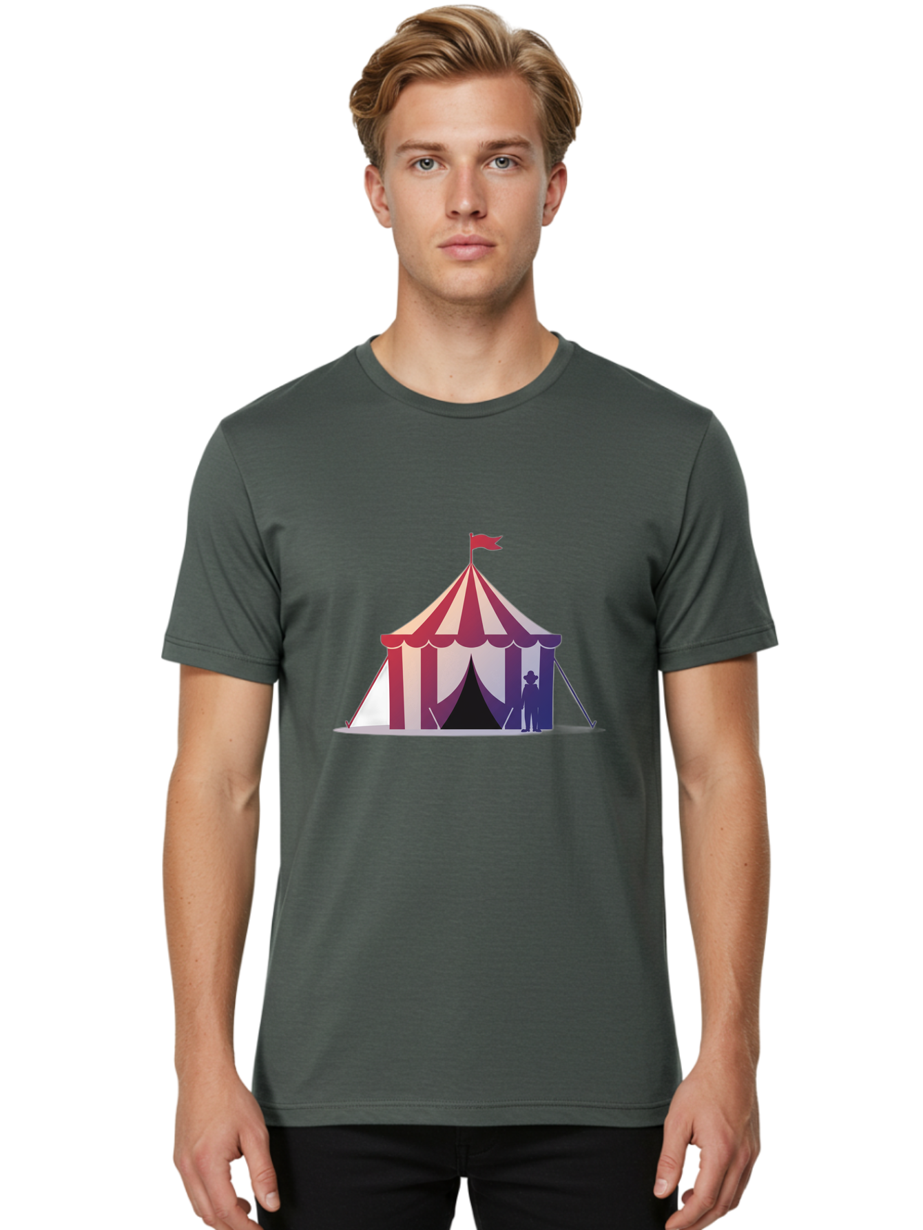 Circus-Tent-3 Men'S Graphic Tee, 100% Cotton, Comfortable Casual Summer Wear, Machine Washable, Striped Circus Tent, Red And White Stripes, Silhouetted Man, Vintage Top Hat, Retro Carnival, Festive Atmosphere, Tent Entrance Bac854