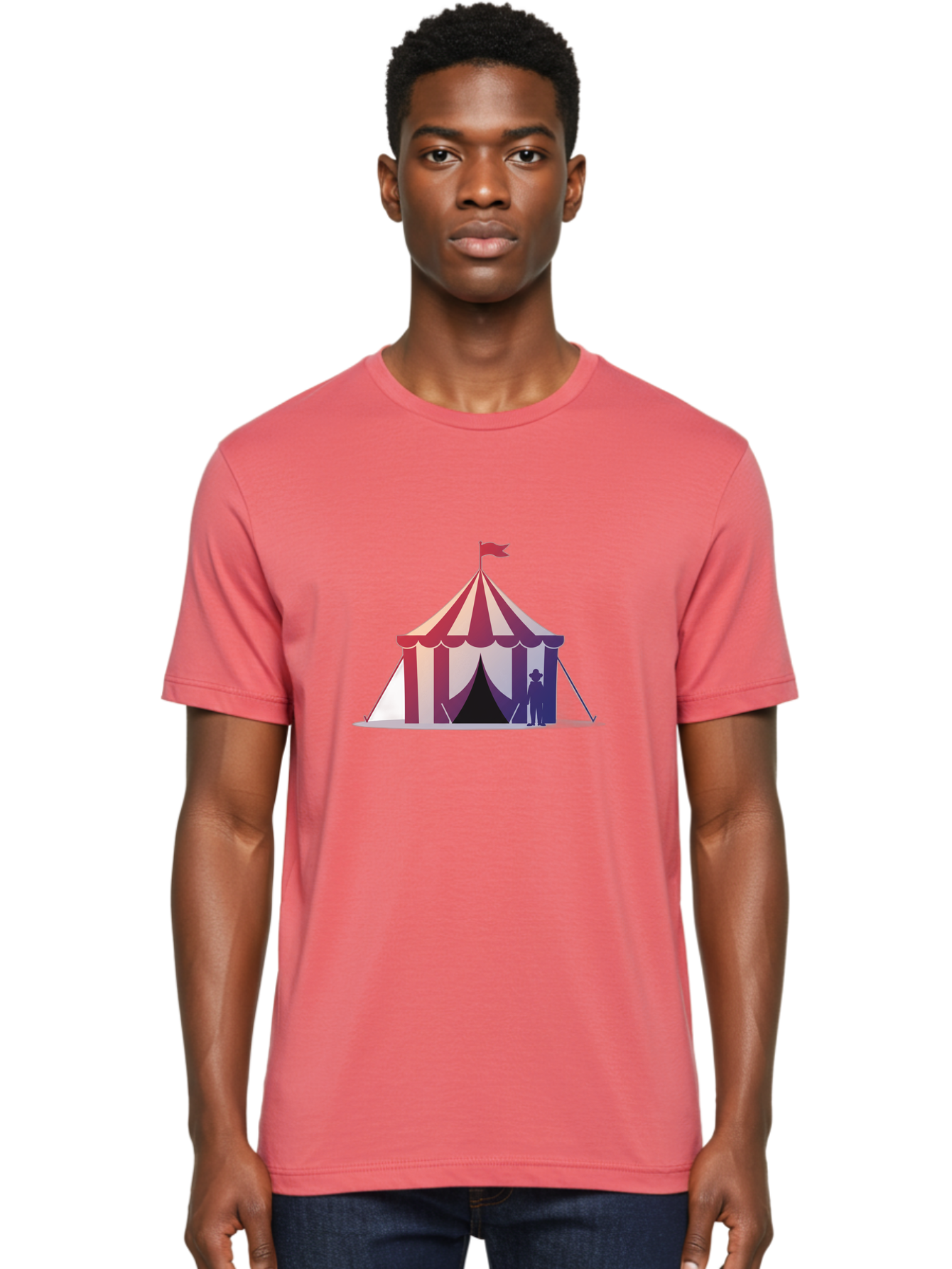 Circus-Tent-3 Men'S Graphic Tee, 100% Cotton, Comfortable Casual Summer Wear, Machine Washable, Striped Circus Tent, Red And White Stripes, Silhouetted Man, Vintage Top Hat, Retro Carnival, Festive Atmosphere, Tent Entrance Bac854