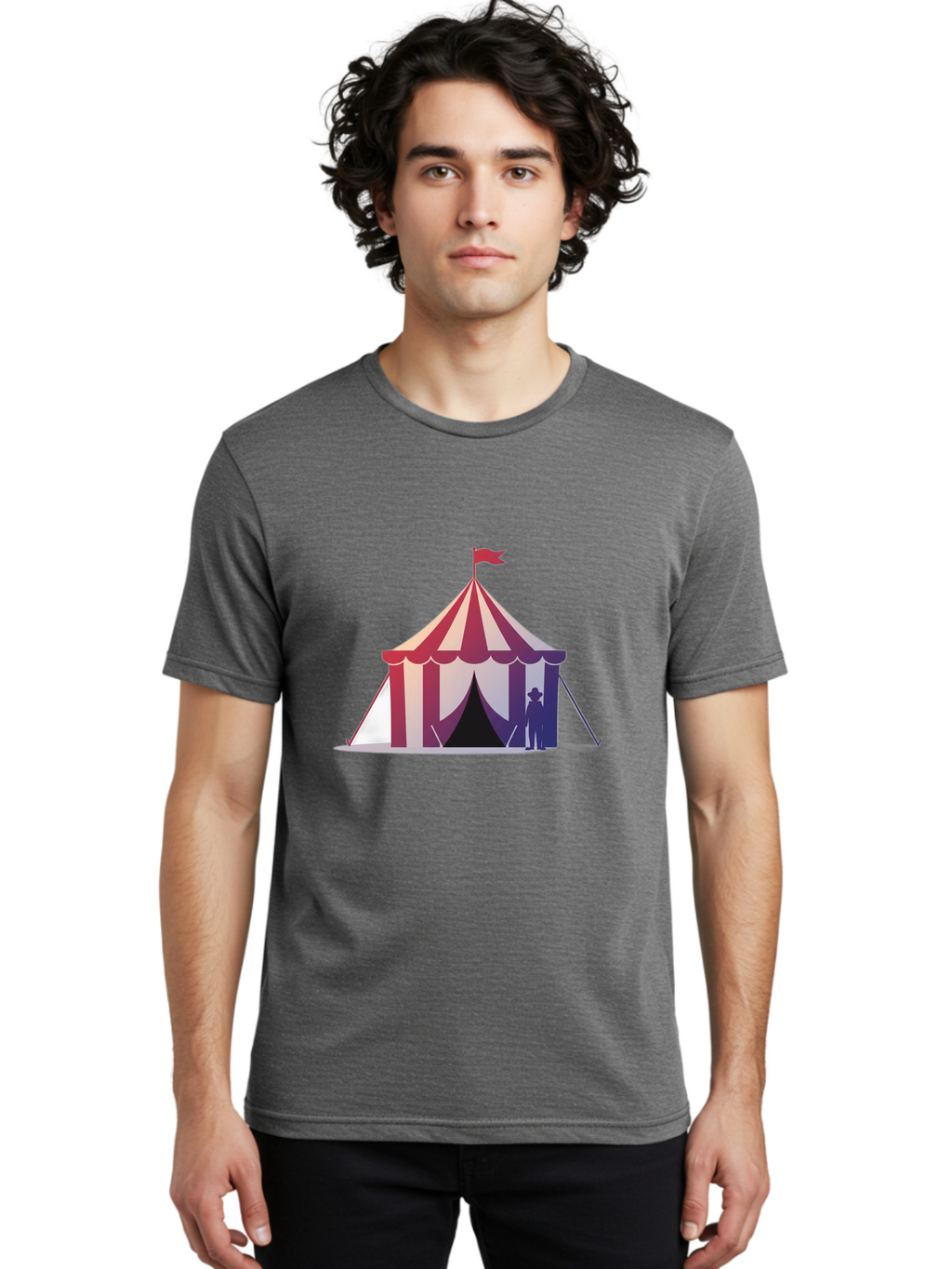 Circus-Tent-3 Men'S Graphic Tee, 100% Cotton, Comfortable Casual Summer Wear, Machine Washable, Striped Circus Tent, Red And White Stripes, Silhouetted Man, Vintage Top Hat, Retro Carnival, Festive Atmosphere, Tent Entrance Bac854