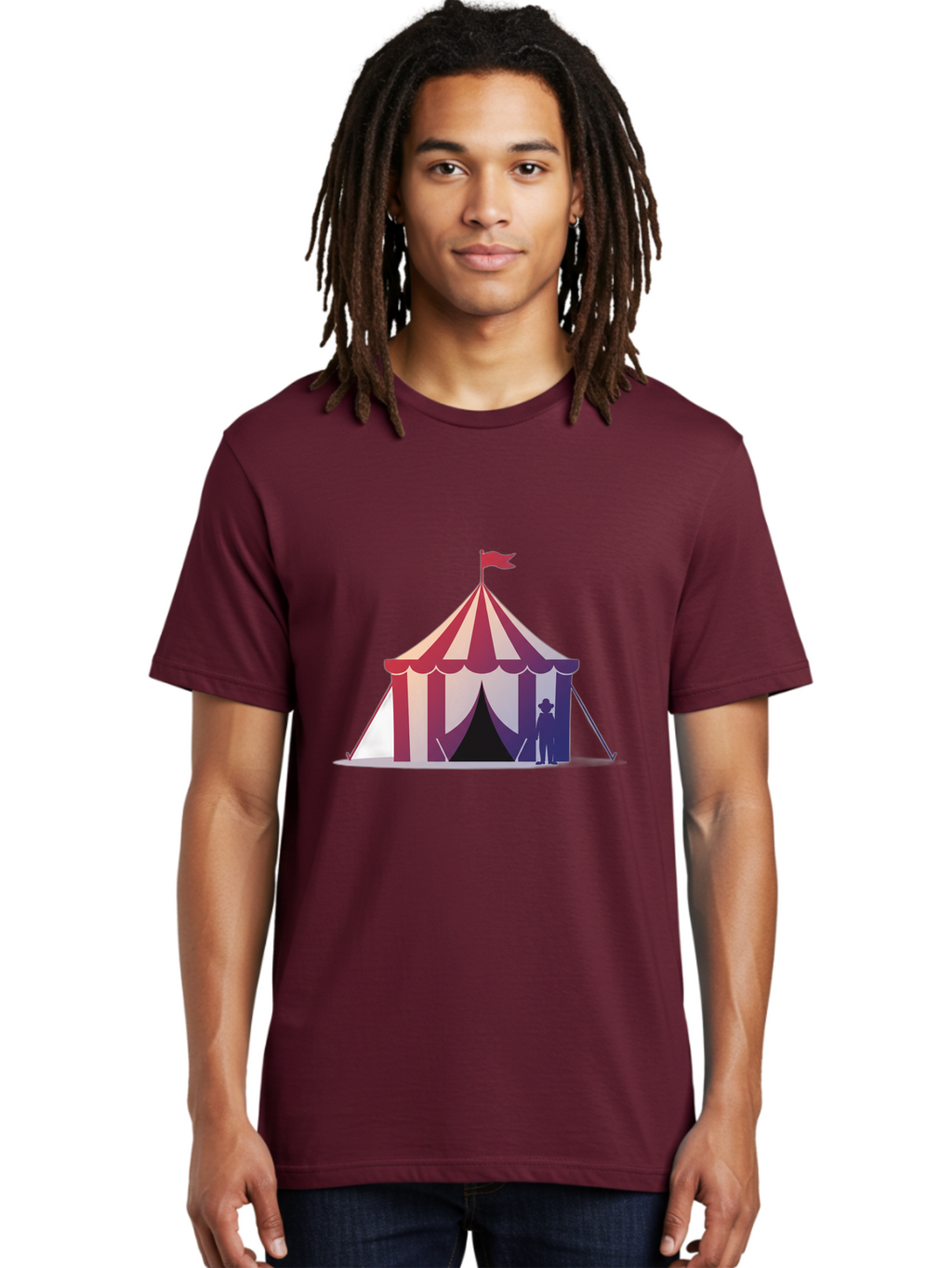 Circus-Tent-3 Men'S Graphic Tee, 100% Cotton, Comfortable Casual Summer Wear, Machine Washable, Striped Circus Tent, Red And White Stripes, Silhouetted Man, Vintage Top Hat, Retro Carnival, Festive Atmosphere, Tent Entrance Bac854