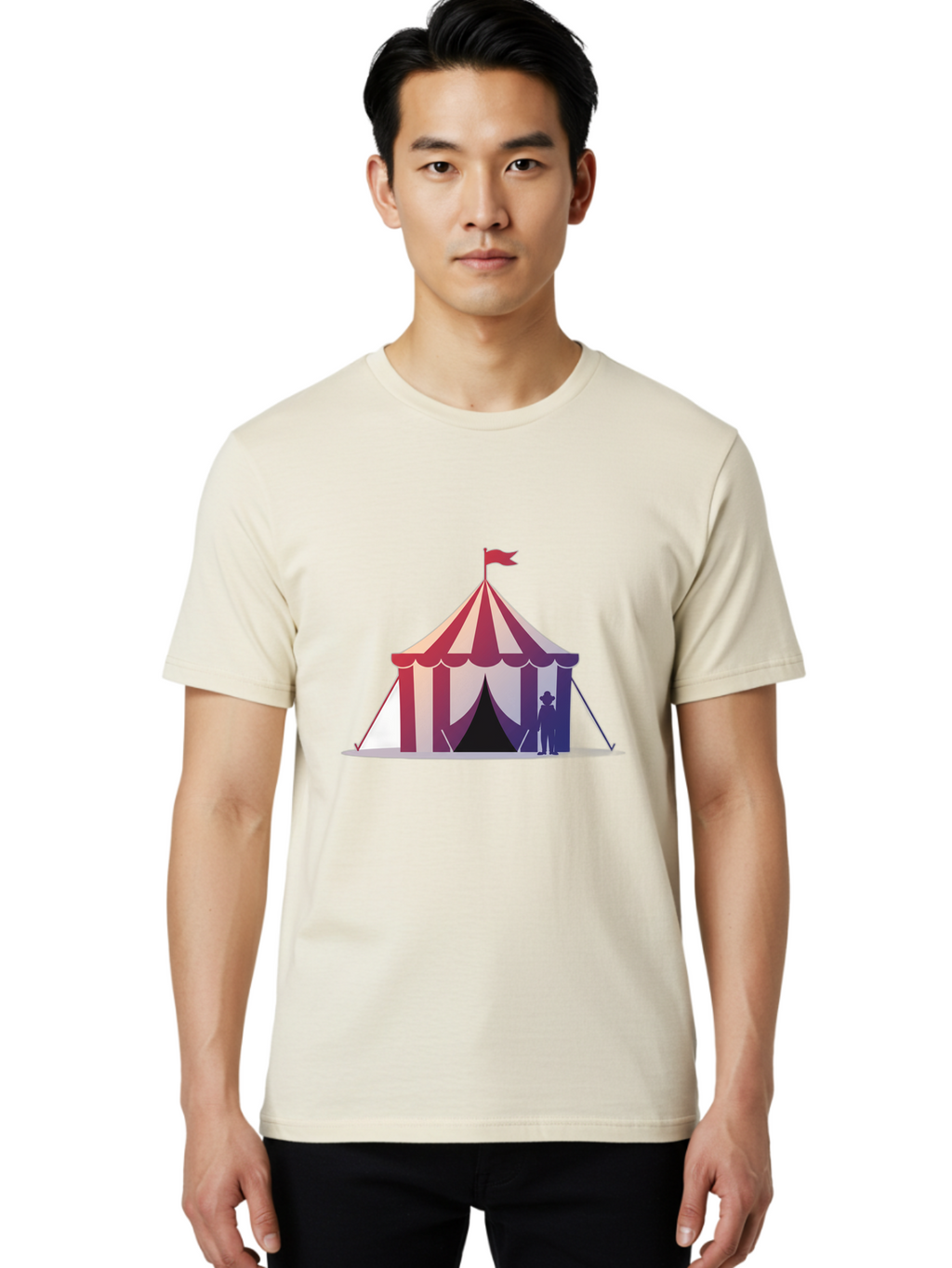 Circus-Tent-3 Men'S Graphic Tee, 100% Cotton, Comfortable Casual Summer Wear, Machine Washable, Striped Circus Tent, Red And White Stripes, Silhouetted Man, Vintage Top Hat, Retro Carnival, Festive Atmosphere, Tent Entrance Bac854