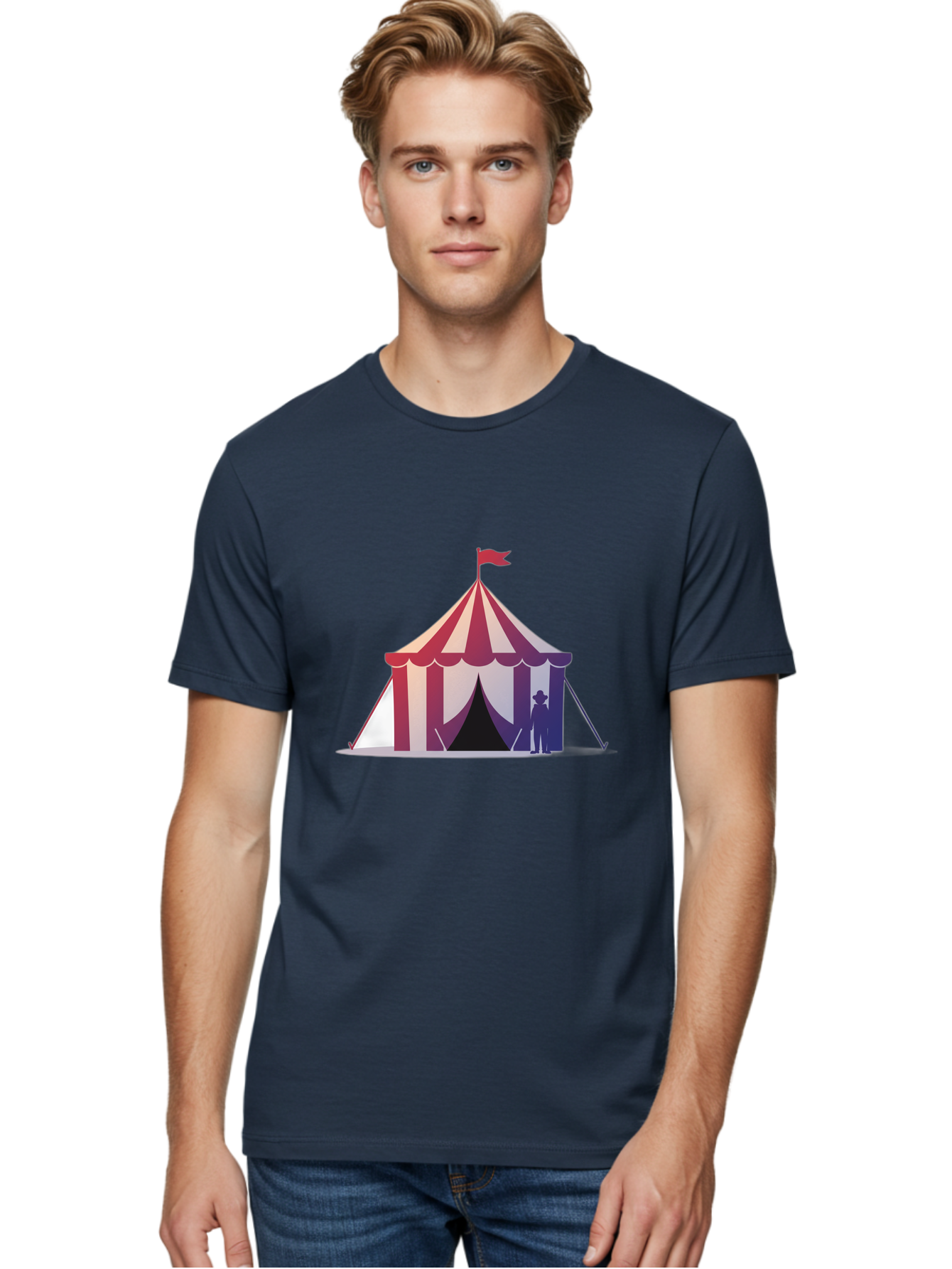 Circus-Tent-3 Men'S Graphic Tee, 100% Cotton, Comfortable Casual Summer Wear, Machine Washable, Striped Circus Tent, Red And White Stripes, Silhouetted Man, Vintage Top Hat, Retro Carnival, Festive Atmosphere, Tent Entrance Bac854