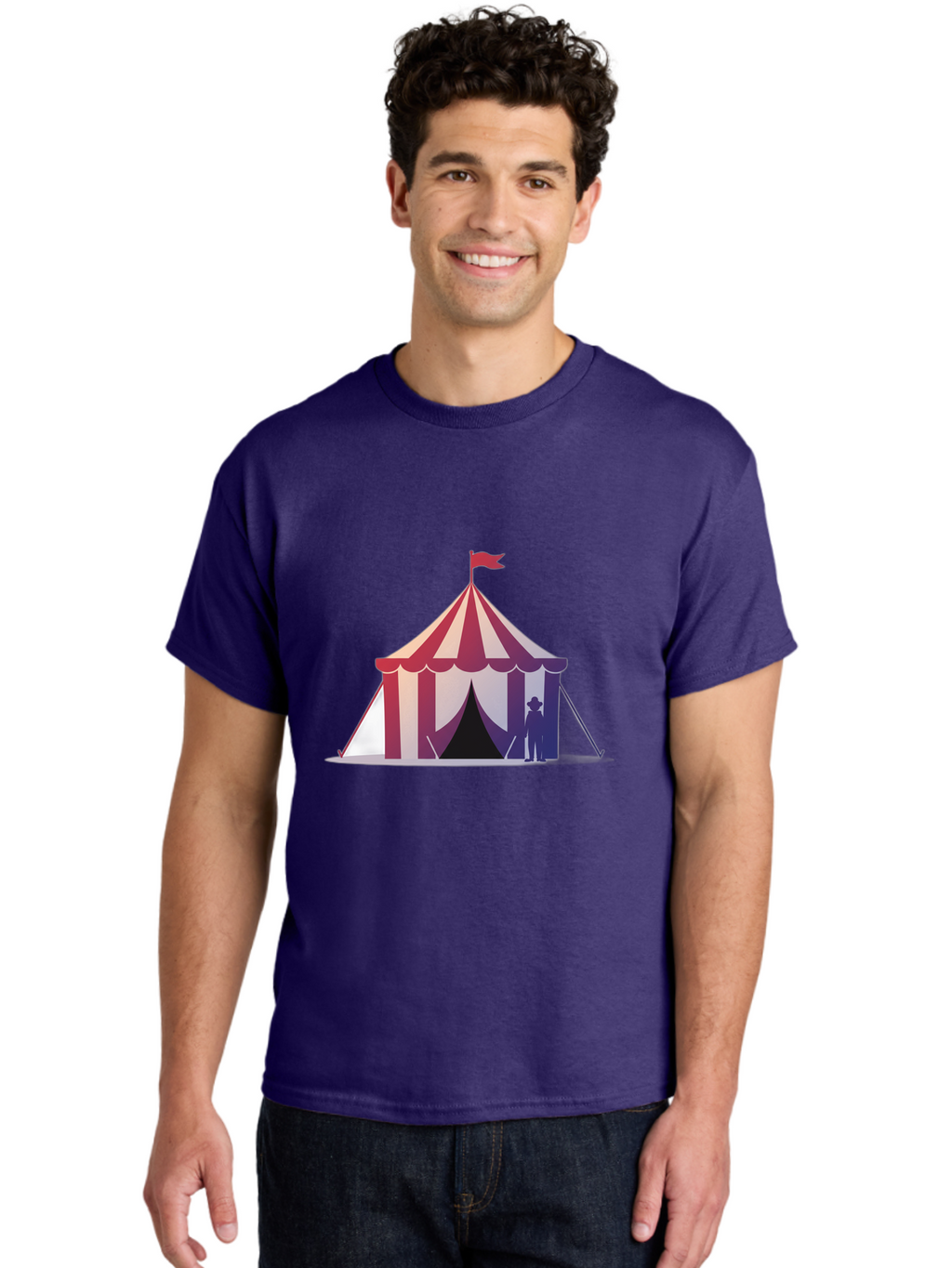 Circus-Tent-3 Men'S Graphic Tee, 100% Cotton, Comfortable Casual Summer Wear, Machine Washable, Striped Circus Tent, Red And White Stripes, Silhouetted Man, Vintage Top Hat, Retro Carnival, Festive Atmosphere, Tent Entrance Bac854
