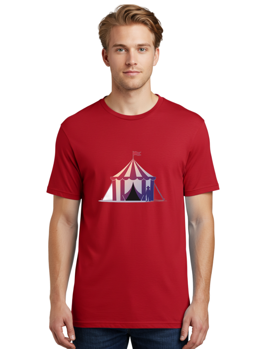 Circus-Tent-3 Men'S Graphic Tee, 100% Cotton, Comfortable Casual Summer Wear, Machine Washable, Striped Circus Tent, Red And White Stripes, Silhouetted Man, Vintage Top Hat, Retro Carnival, Festive Atmosphere, Tent Entrance Bac854