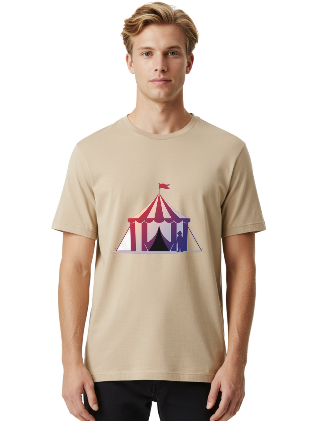 Circus-Tent-3 Men'S Graphic Tee, 100% Cotton, Comfortable Casual Summer Wear, Machine Washable, Striped Circus Tent, Red And White Stripes, Silhouetted Man, Vintage Top Hat, Retro Carnival, Festive Atmosphere, Tent Entrance Bac854