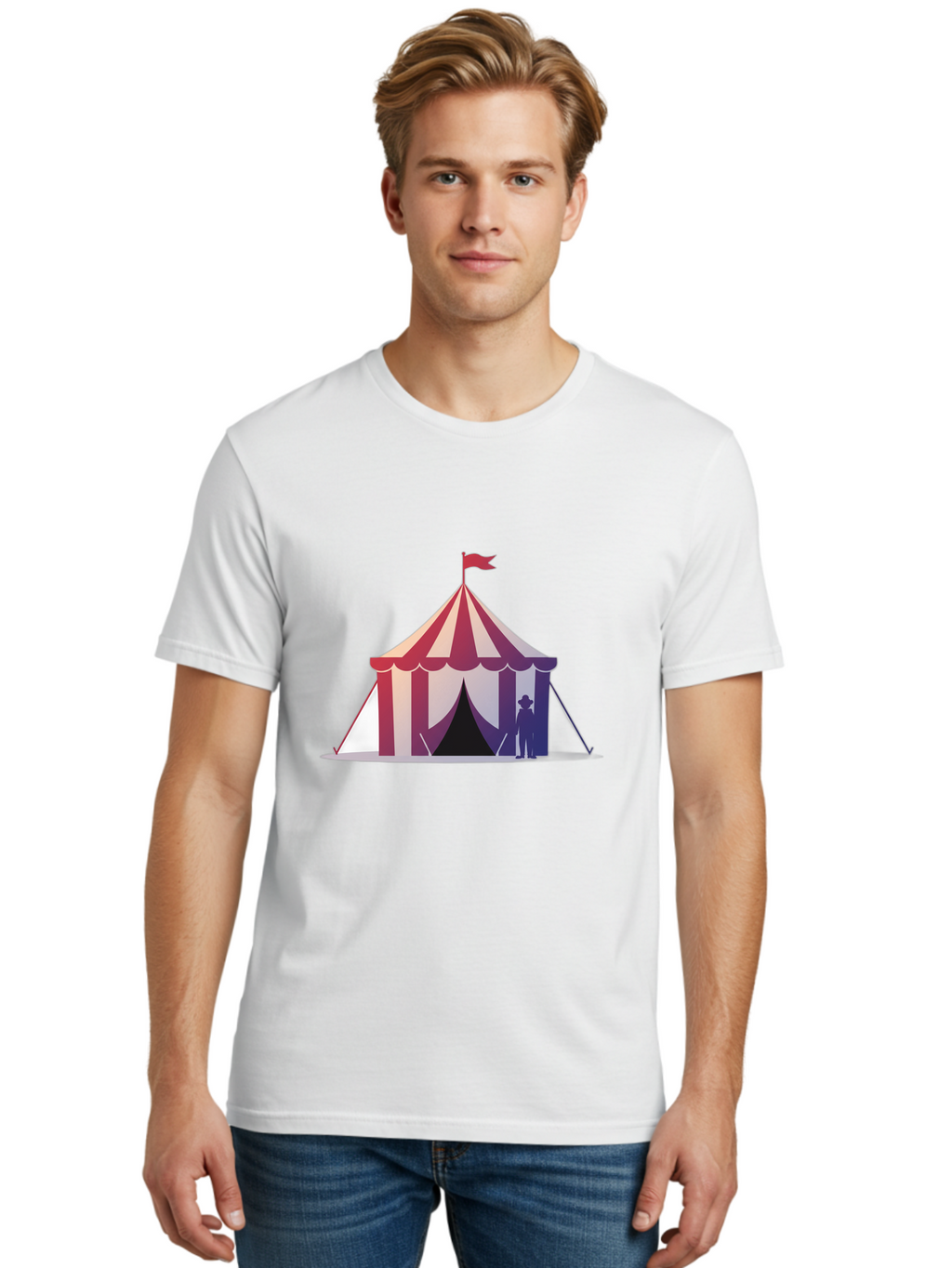 Circus-Tent-3 Men'S Graphic Tee, 100% Cotton, Comfortable Casual Summer Wear, Machine Washable, Striped Circus Tent, Red And White Stripes, Silhouetted Man, Vintage Top Hat, Retro Carnival, Festive Atmosphere, Tent Entrance Bac854