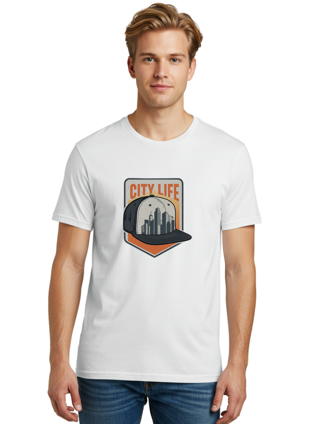 City-Life Men'S Graphic Tee, 100% Cotton, Comfortable Casual Summer Wear, Machine Washable, City Life, Urban Culture, Streetwear Fashion, Baseball Cap, Cityscape Design, Urban Lifestyle, City Vibes, Trendy Apparel Bac857