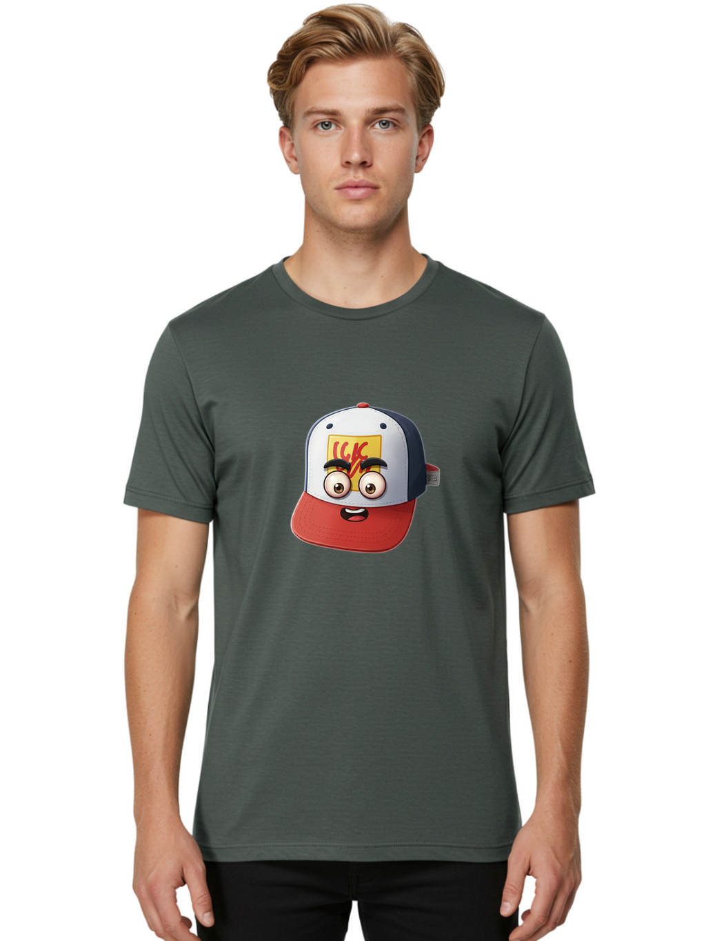 Ckc-Cap Men'S Graphic Tee, 100% Cotton, Comfortable Casual Summer Wear, Machine Washable, Cartoon Cap, Baseball Hat, Funny Face, Cartoon Eyes, Eyebrow Expression, Casual Wear, Trendy Accessory, Youth Culture, Pop Art, Kawaii Style Bac858
