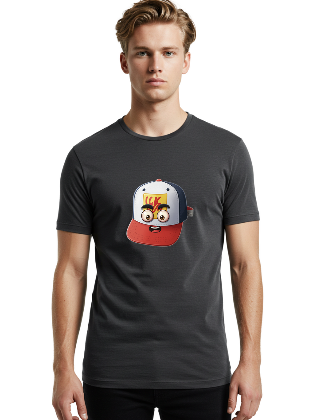 Ckc-Cap Men'S Graphic Tee, 100% Cotton, Comfortable Casual Summer Wear, Machine Washable, Cartoon Cap, Baseball Hat, Funny Face, Cartoon Eyes, Eyebrow Expression, Casual Wear, Trendy Accessory, Youth Culture, Pop Art, Kawaii Style Bac858