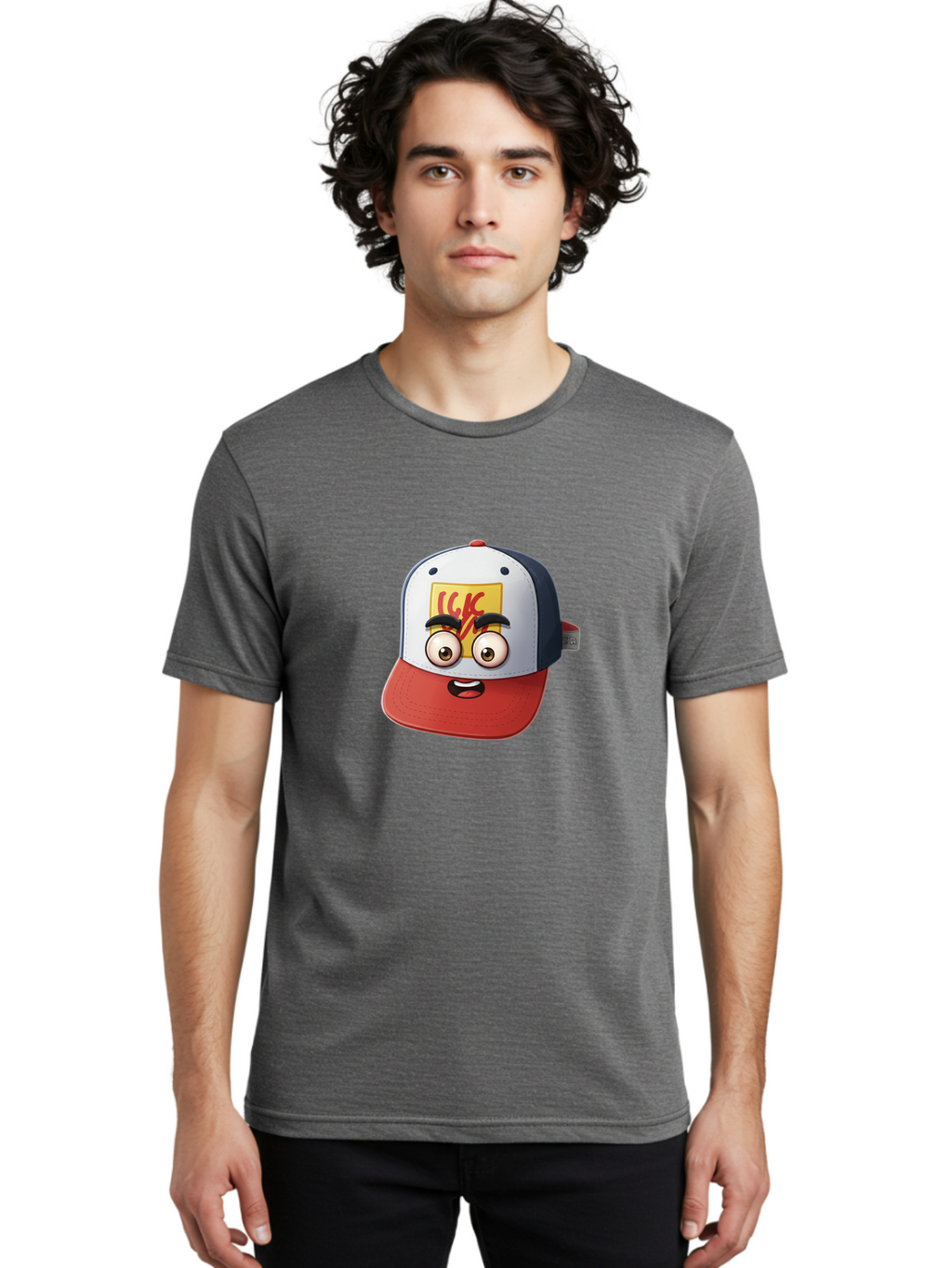 Ckc-Cap Men'S Graphic Tee, 100% Cotton, Comfortable Casual Summer Wear, Machine Washable, Cartoon Cap, Baseball Hat, Funny Face, Cartoon Eyes, Eyebrow Expression, Casual Wear, Trendy Accessory, Youth Culture, Pop Art, Kawaii Style Bac858