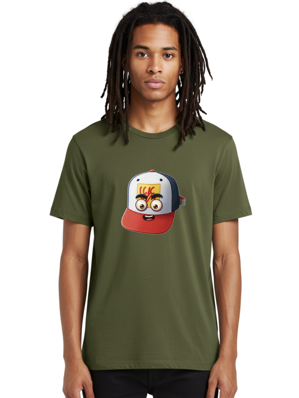 Ckc-Cap Men'S Graphic Tee, 100% Cotton, Comfortable Casual Summer Wear, Machine Washable, Cartoon Cap, Baseball Hat, Funny Face, Cartoon Eyes, Eyebrow Expression, Casual Wear, Trendy Accessory, Youth Culture, Pop Art, Kawaii Style Bac858