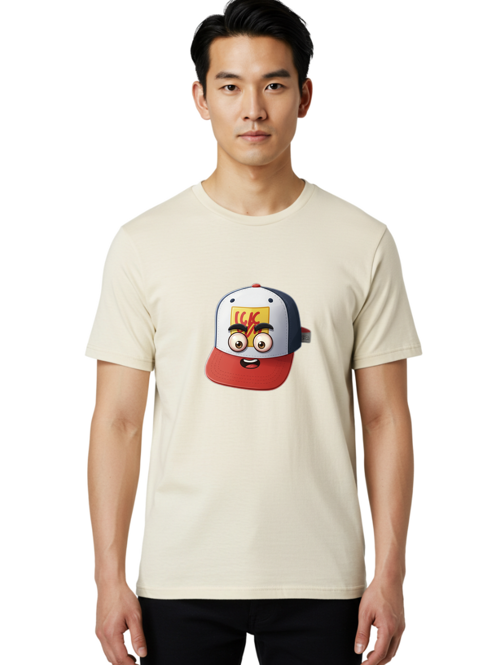 Ckc-Cap Men'S Graphic Tee, 100% Cotton, Comfortable Casual Summer Wear, Machine Washable, Cartoon Cap, Baseball Hat, Funny Face, Cartoon Eyes, Eyebrow Expression, Casual Wear, Trendy Accessory, Youth Culture, Pop Art, Kawaii Style Bac858