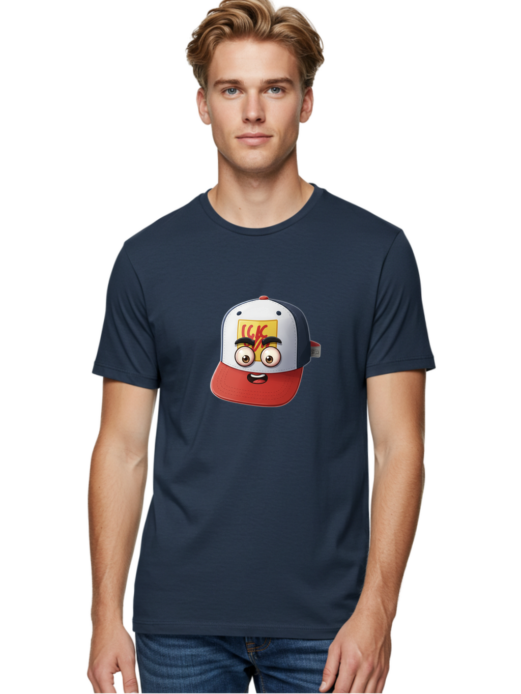 Ckc-Cap Men'S Graphic Tee, 100% Cotton, Comfortable Casual Summer Wear, Machine Washable, Cartoon Cap, Baseball Hat, Funny Face, Cartoon Eyes, Eyebrow Expression, Casual Wear, Trendy Accessory, Youth Culture, Pop Art, Kawaii Style Bac858