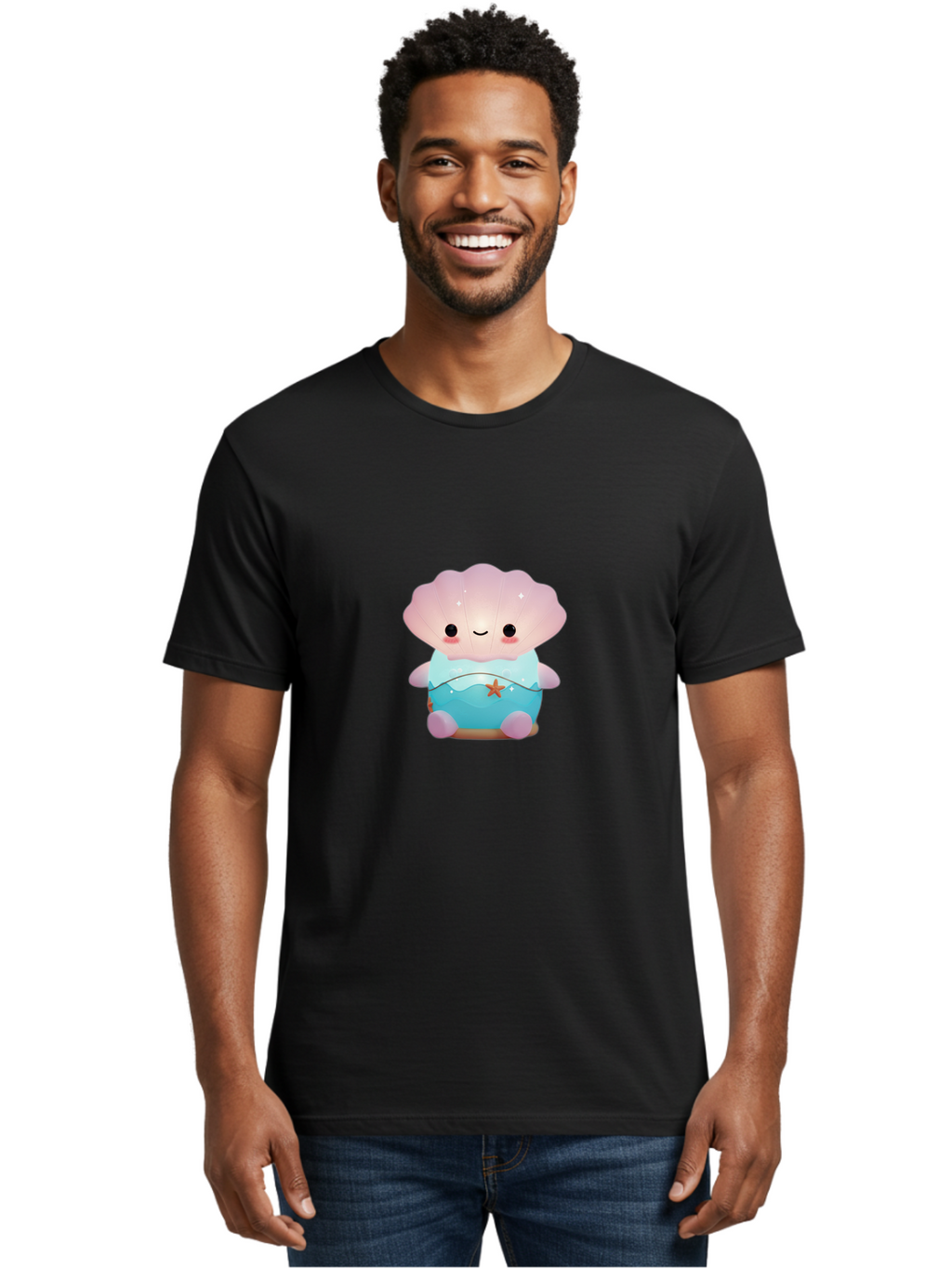 Clamshell-Character Men'S Graphic Tee, 100% Cotton, Comfortable Casual Summer Wear, Machine Washable, Soft Pink Jellyfish, Night Light, Soothing Ambiance, Underwater Decor, Ocean-Inspired Design, Peaceful Lighting, Cozy Bedroom, Bac859