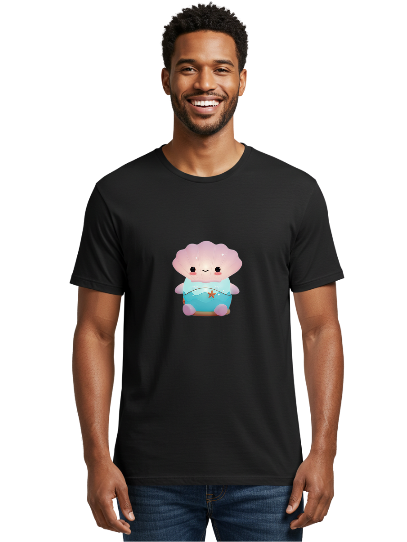 Clamshell-Character Men'S Graphic Tee, 100% Cotton, Comfortable Casual Summer Wear, Machine Washable, Soft Pink Jellyfish, Night Light, Soothing Ambiance, Underwater Decor, Ocean-Inspired Design, Peaceful Lighting, Cozy Bedroom, Bac859
