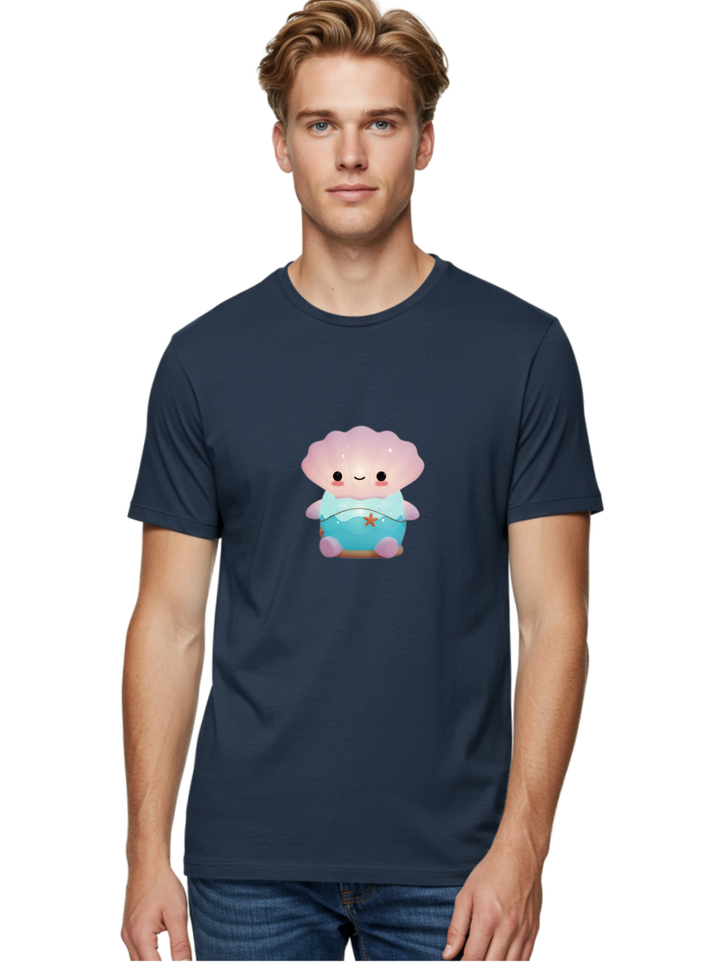 Clamshell-Character Men'S Graphic Tee, 100% Cotton, Comfortable Casual Summer Wear, Machine Washable, Soft Pink Jellyfish, Night Light, Soothing Ambiance, Underwater Decor, Ocean-Inspired Design, Peaceful Lighting, Cozy Bedroom, Bac859
