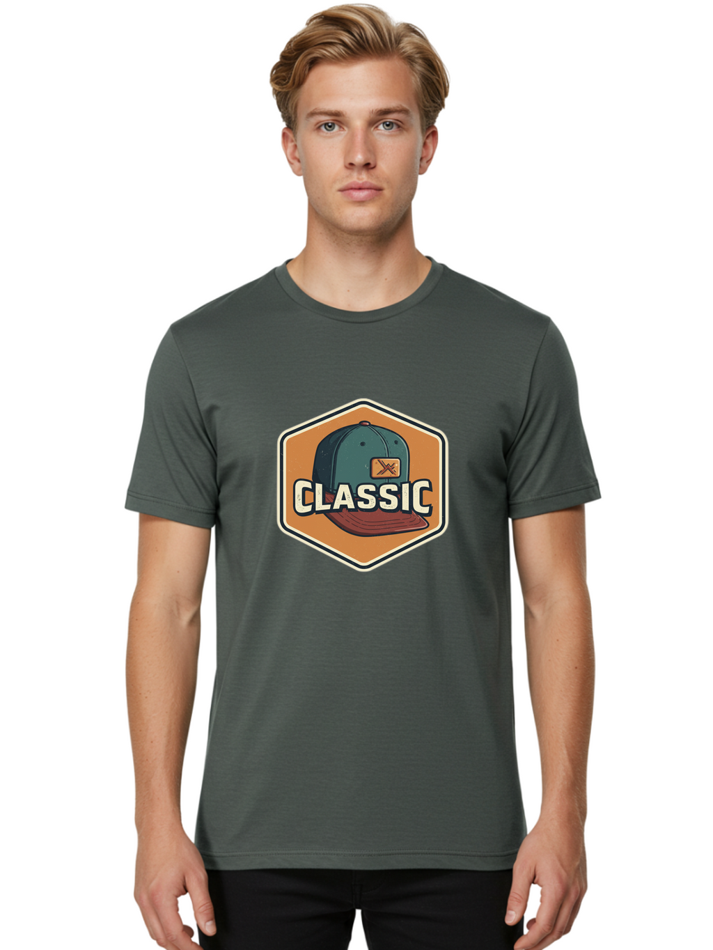 Classic Men'S Graphic Tee, 100% Cotton, Comfortable Casual Summer Wear, Machine Washable, Baseball Cap, Classic Style, Vintage Fashion, Retro Clothing, Casual Wear, Hat Logo, Apparel Branding, Nostalgic Design Bac860