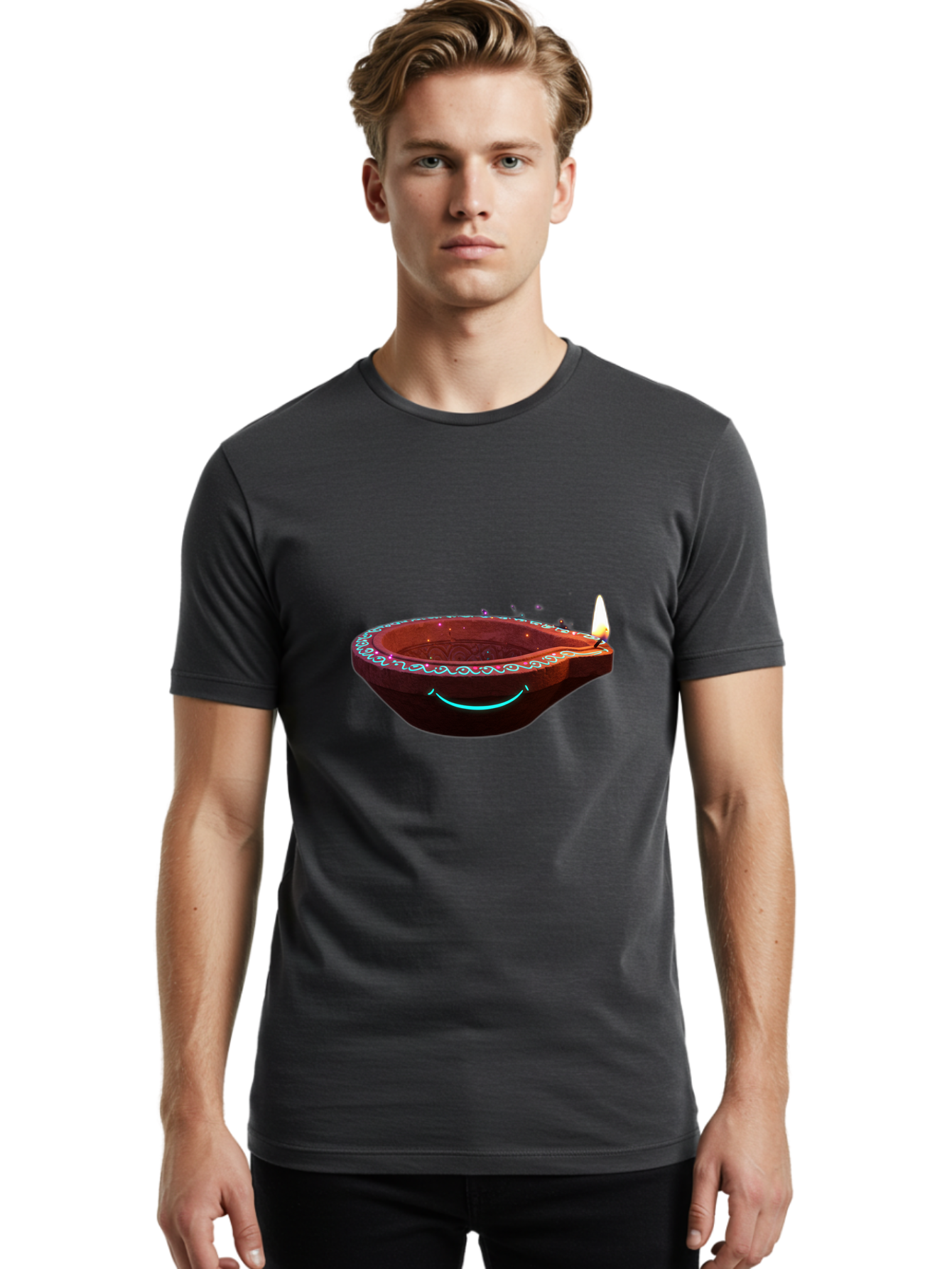 Clay-Lamp-With-Candle Men'S Graphic Tee, 100% Cotton, Comfortable Casual Summer Wear, Machine Washable, Diwali Lamp, Clay Diya, Lit Candle, Festive Decoration, Traditional Diwali, Diwali Celebration, Happy Diwali, Glowing Diya, Indian Culture Bac861