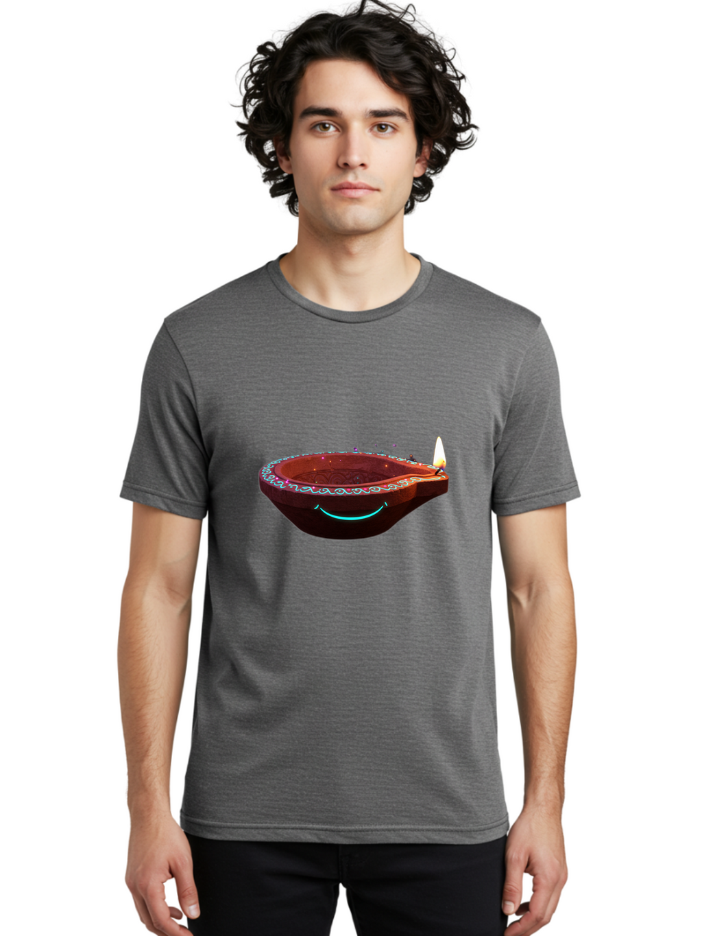 Clay-Lamp-With-Candle Men'S Graphic Tee, 100% Cotton, Comfortable Casual Summer Wear, Machine Washable, Diwali Lamp, Clay Diya, Lit Candle, Festive Decoration, Traditional Diwali, Diwali Celebration, Happy Diwali, Glowing Diya, Indian Culture Bac861