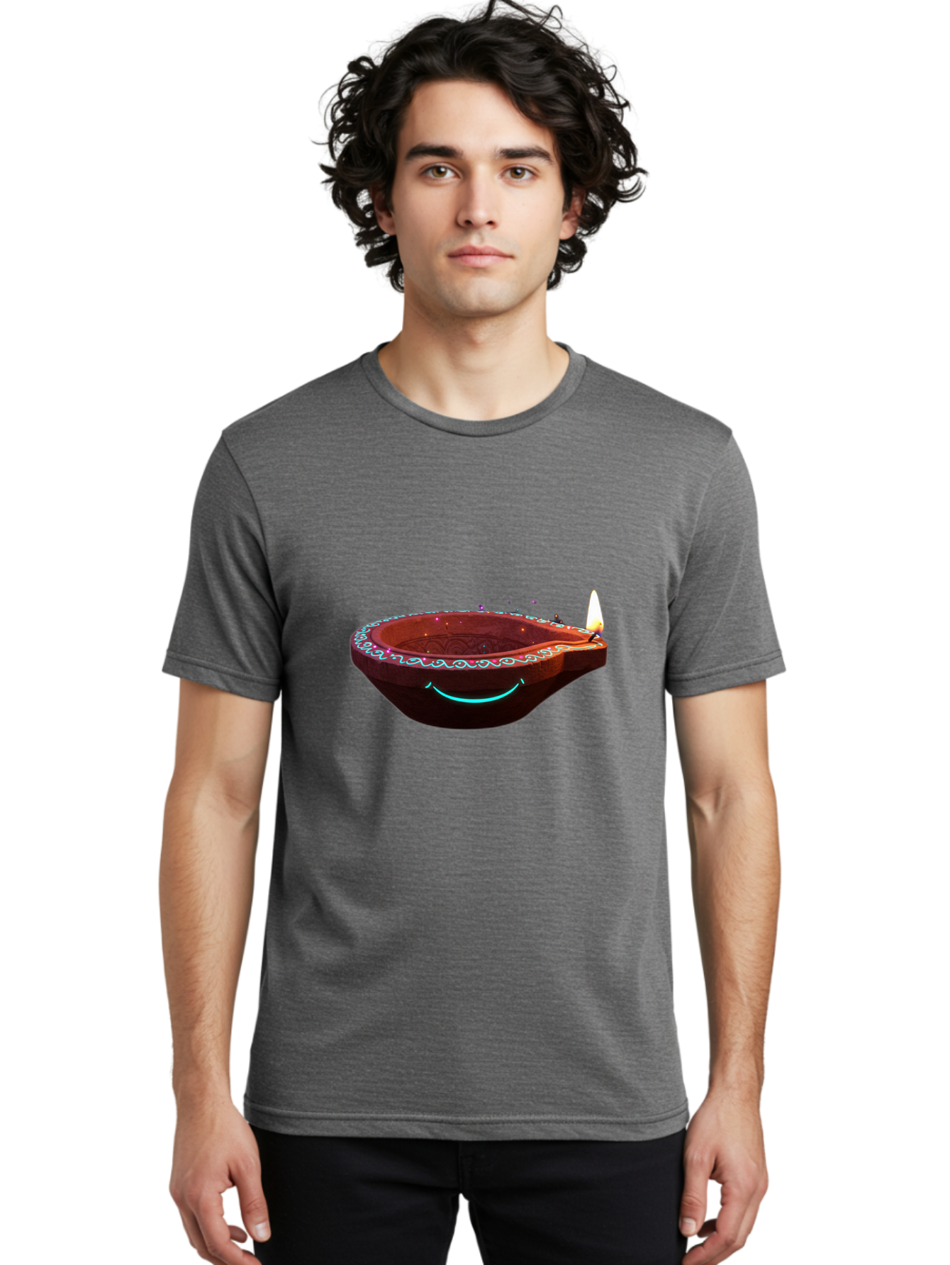 Clay-Lamp-With-Candle Men'S Graphic Tee, 100% Cotton, Comfortable Casual Summer Wear, Machine Washable, Diwali Lamp, Clay Diya, Lit Candle, Festive Decoration, Traditional Diwali, Diwali Celebration, Happy Diwali, Glowing Diya, Indian Culture Bac861